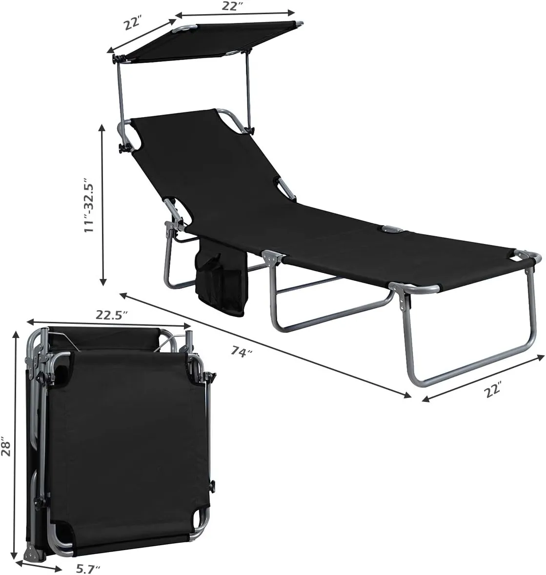 Giantex Tanning Chair, Patio Chaise Lounge Chair with 5 Adjustable Position, Shade Canopy, Storage Pocket, Camping Cot, Outdoor Sunbathing Recliner for Poolside, Lawn Folding Beach Chairs(1, Black)