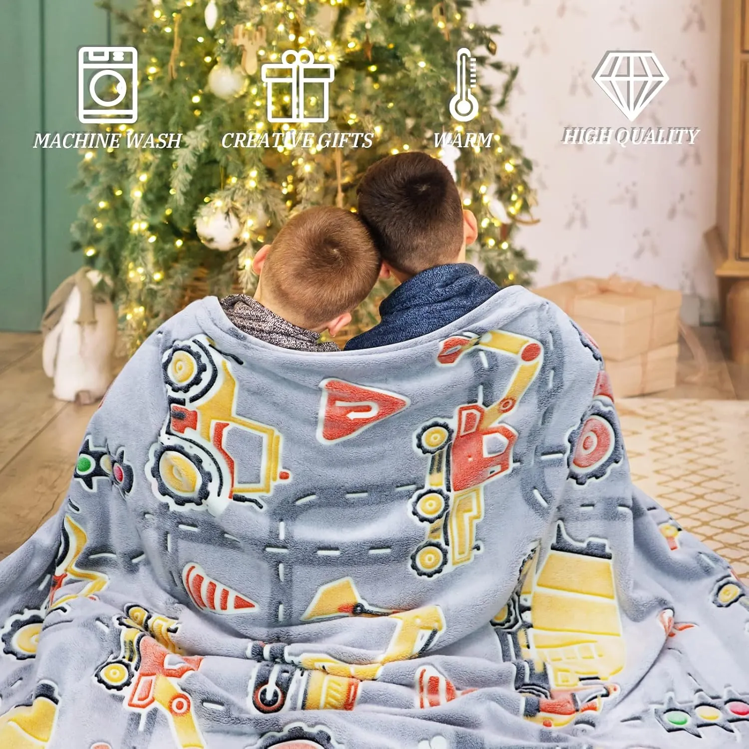 Glow in The Dark Blanket Boys Gifts for Kids Fuzzy Cozy Warm Soft Fleece Glowing Tractor Blankets for Bed Sofa Couch Unique Gifts Construction Truck Throw Blanket for Boys Teens 50"×60"