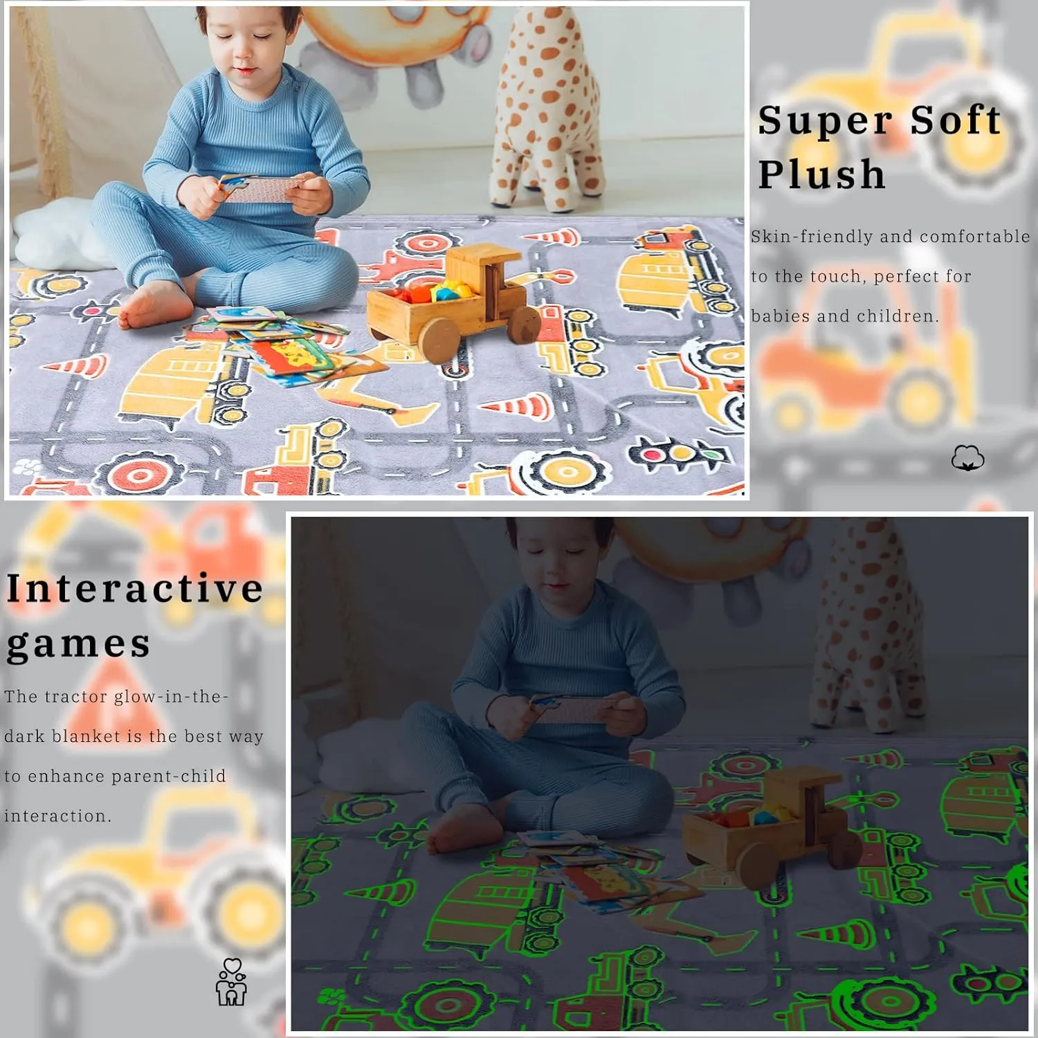 Glow in The Dark Blanket Boys Gifts for Kids Fuzzy Cozy Warm Soft Fleece Glowing Tractor Blankets for Bed Sofa Couch Unique Gifts Construction Truck Throw Blanket for Boys Teens 50"×60"
