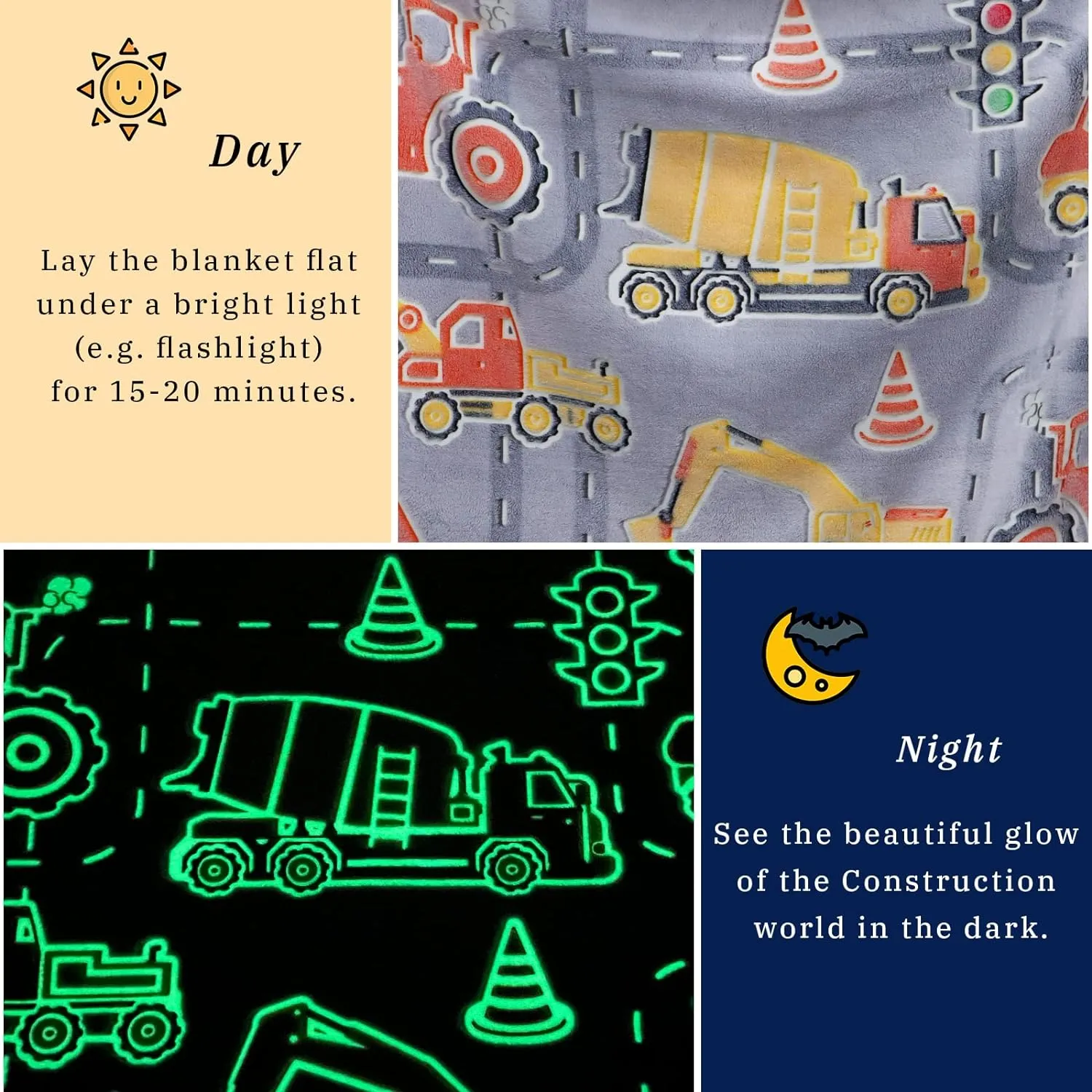 Glow in The Dark Blanket Boys Gifts for Kids Fuzzy Cozy Warm Soft Fleece Glowing Tractor Blankets for Bed Sofa Couch Unique Gifts Construction Truck Throw Blanket for Boys Teens 50"×60"