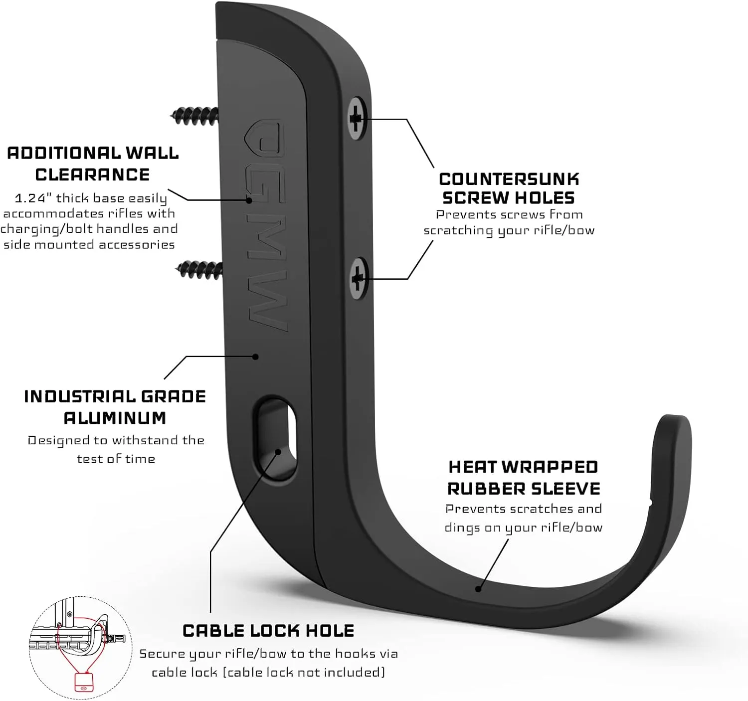 GMW Metal Gun Rack with Cable Lock Hole | Gun Rack for Rifles, Shotguns, Bows | Wall Display Hooks for Firearm Storage