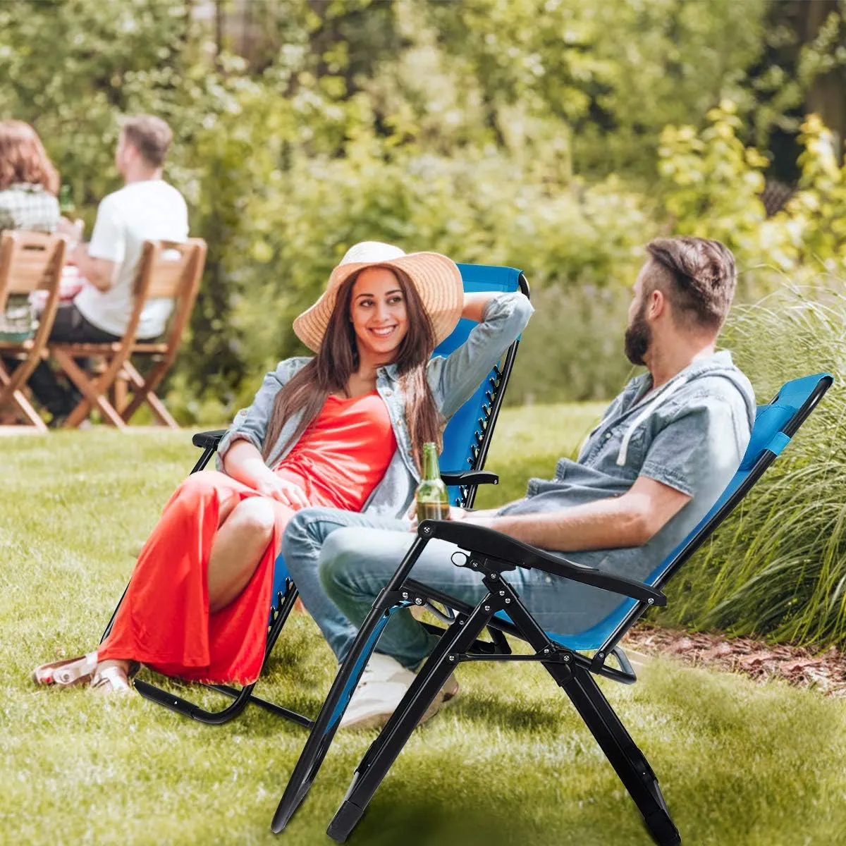 Goplus Oversized Zero Gravity Chair, XL-Extended Version, Outdoor Recliner w/Cup Holder & Detachable Headrest, Foldable Mesh Lounge Chairs for Patio Pool Porch & Deck, 500LBS (Blue)