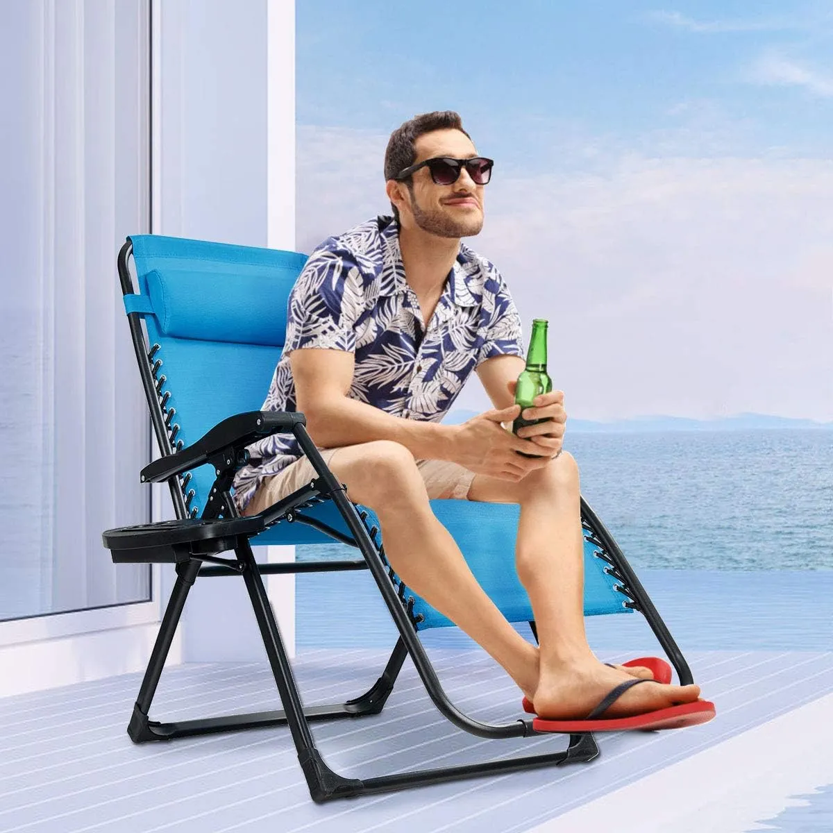 Goplus Oversized Zero Gravity Chair, XL-Extended Version, Outdoor Recliner w/Cup Holder & Detachable Headrest, Foldable Mesh Lounge Chairs for Patio Pool Porch & Deck, 500LBS (Blue)