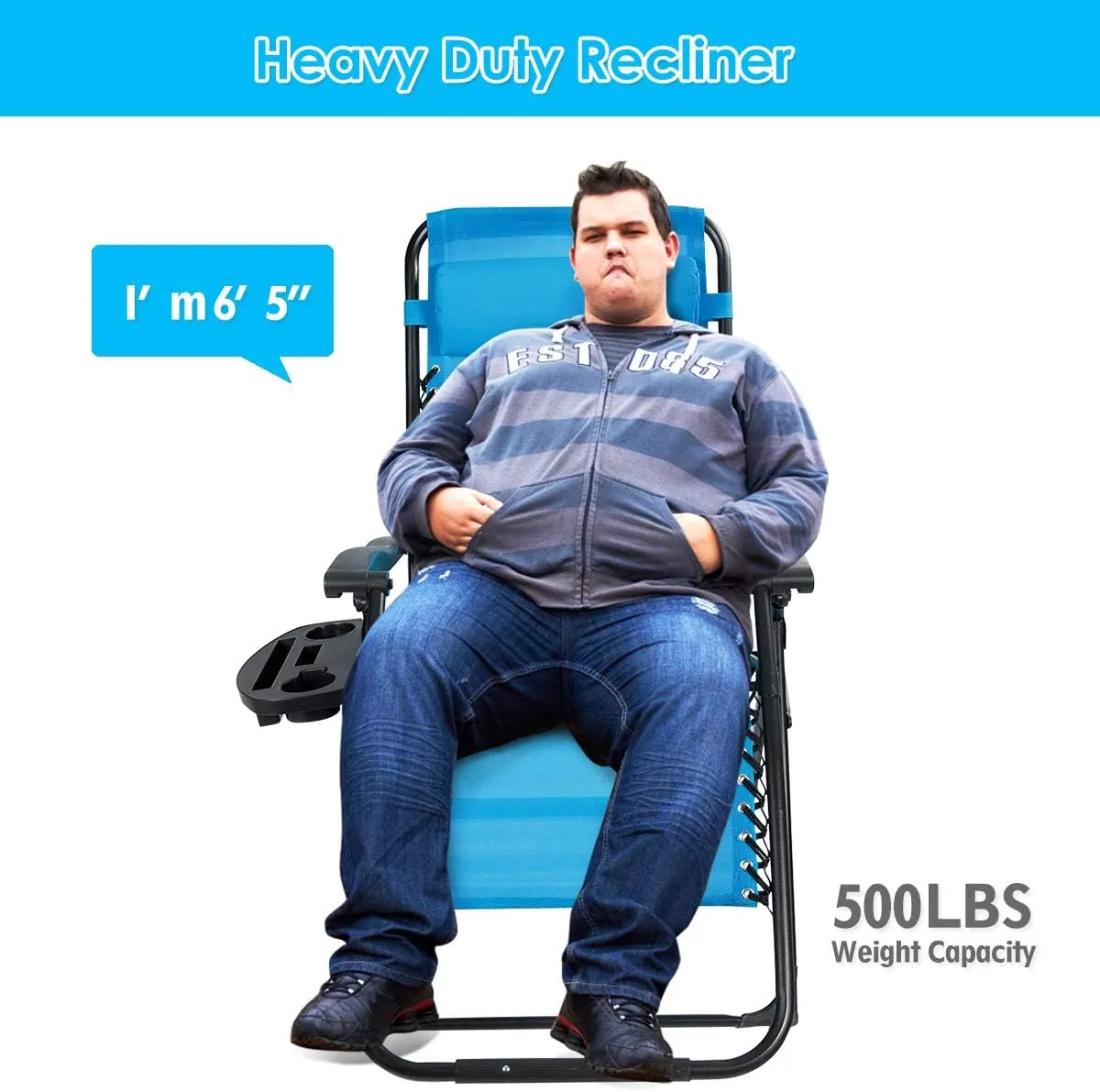 Goplus Oversized Zero Gravity Chair, XL-Extended Version, Outdoor Recliner w/Cup Holder & Detachable Headrest, Foldable Mesh Lounge Chairs for Patio Pool Porch & Deck, 500LBS (Blue)