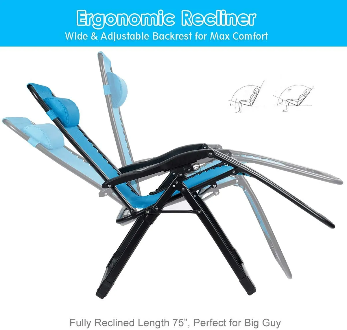 Goplus Oversized Zero Gravity Chair, XL-Extended Version, Outdoor Recliner w/Cup Holder & Detachable Headrest, Foldable Mesh Lounge Chairs for Patio Pool Porch & Deck, 500LBS (Blue)