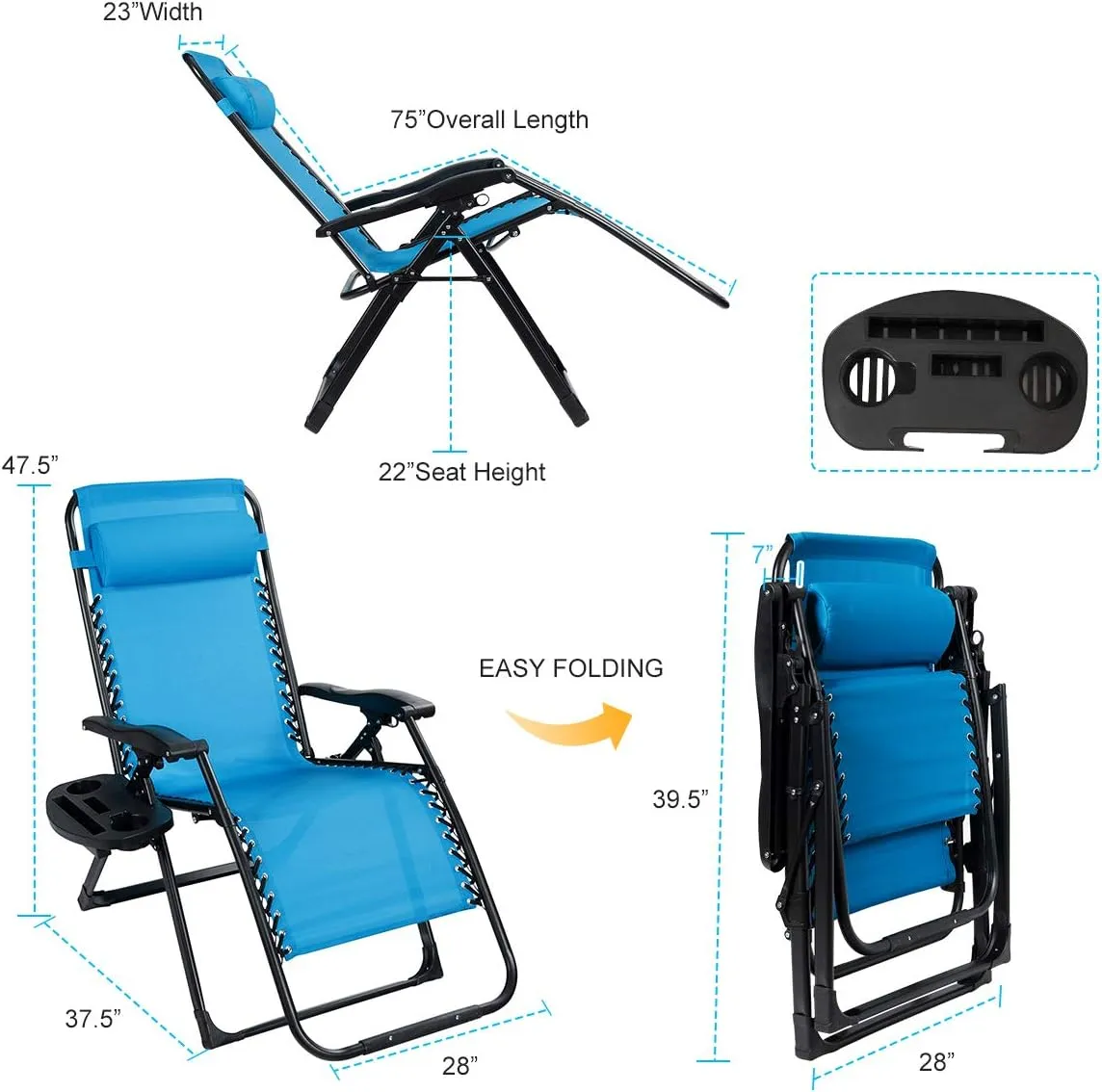 Goplus Oversized Zero Gravity Chair, XL-Extended Version, Outdoor Recliner w/Cup Holder & Detachable Headrest, Foldable Mesh Lounge Chairs for Patio Pool Porch & Deck, 500LBS (Blue)