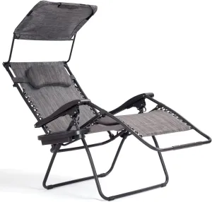 Goplus Zero Gravity Chairs, X-Large Folding Lounge Lawn Chair w/Canopy Shade & Cup Holder, Adjustable Folding Patio Recliner for Pool Porch Deck Oversize (Grey)
