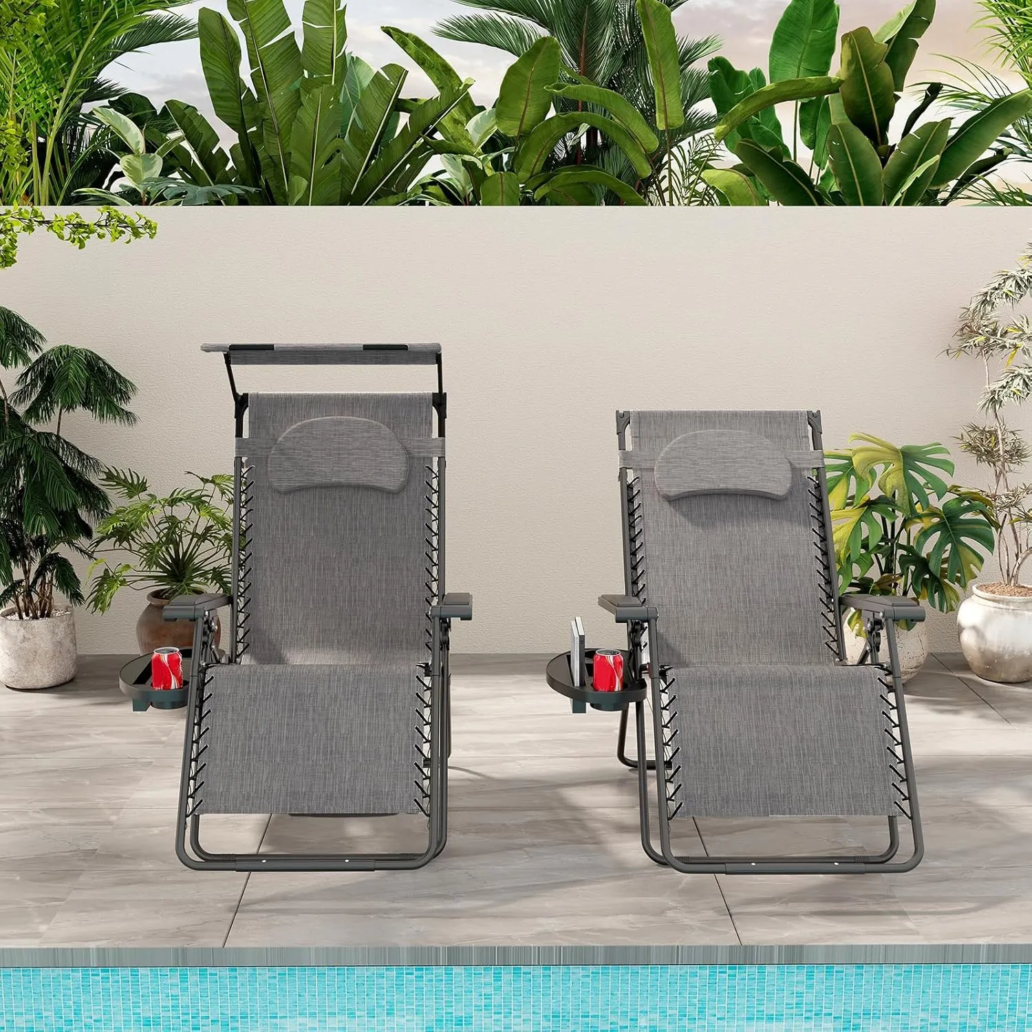 Goplus Zero Gravity Chairs, X-Large Folding Lounge Lawn Chair w/Canopy Shade & Cup Holder, Adjustable Folding Patio Recliner for Pool Porch Deck Oversize (Grey)