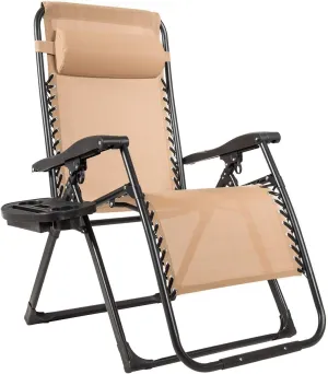 Goplus Zero Gravity Chairs, X-Large Outdoor Lounge Lawn Chair with Cup Holder & Detachable Headrest, Adjustable Folding Patio Recliner for Pool Porch Deck Oversize (Beige)