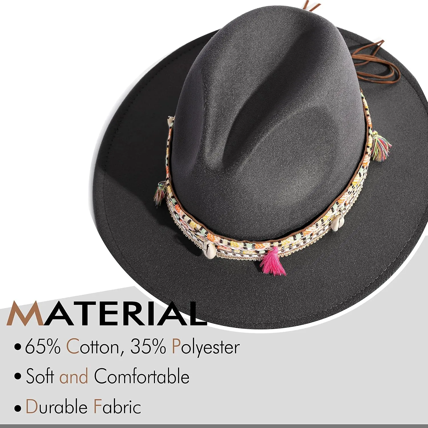 Gossifan Women's Felt Fedora Hat Wide Brim Panama Hats with Tassel