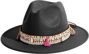 Gossifan Women's Felt Fedora Hat Wide Brim Panama Hats with Tassel