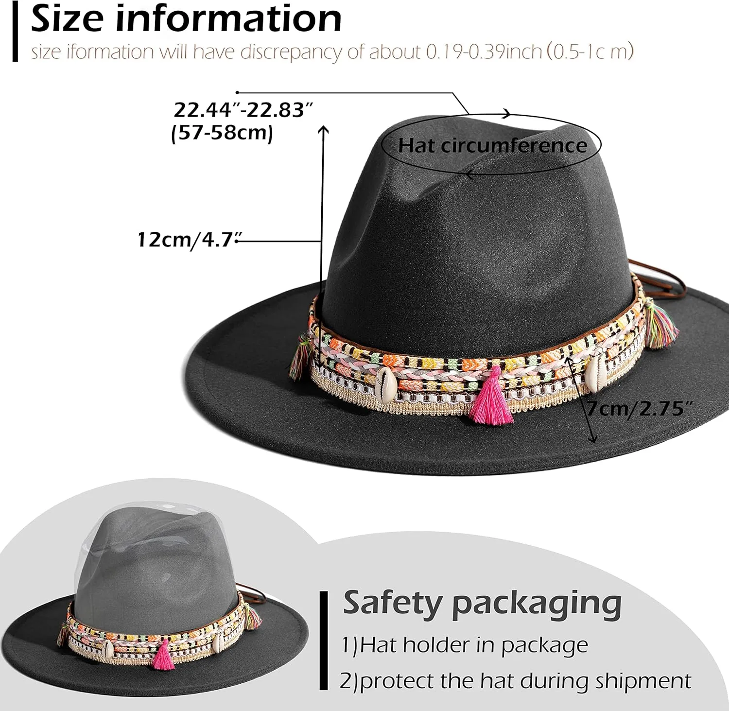 Gossifan Women's Felt Fedora Hat Wide Brim Panama Hats with Tassel