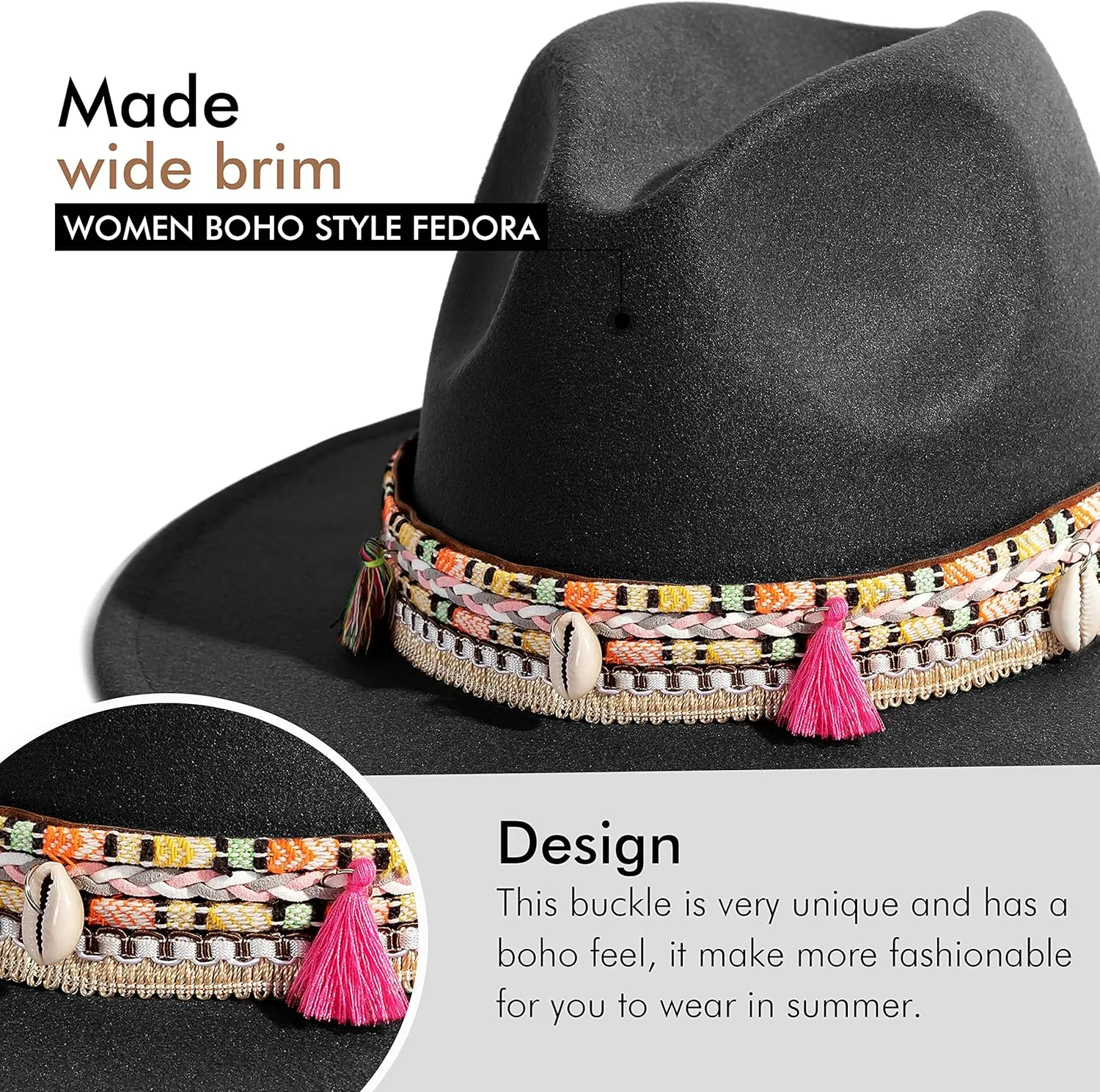 Gossifan Women's Felt Fedora Hat Wide Brim Panama Hats with Tassel