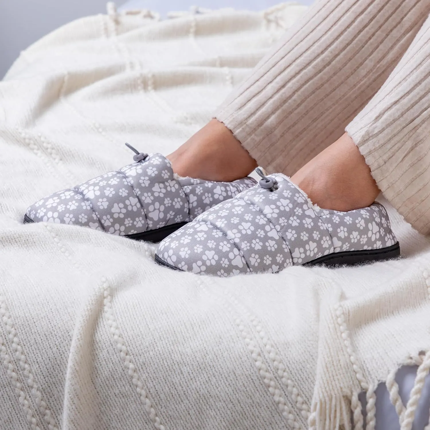 GreaterGood Paw Print Puffy Fleece-Lined Slippers with Toggle