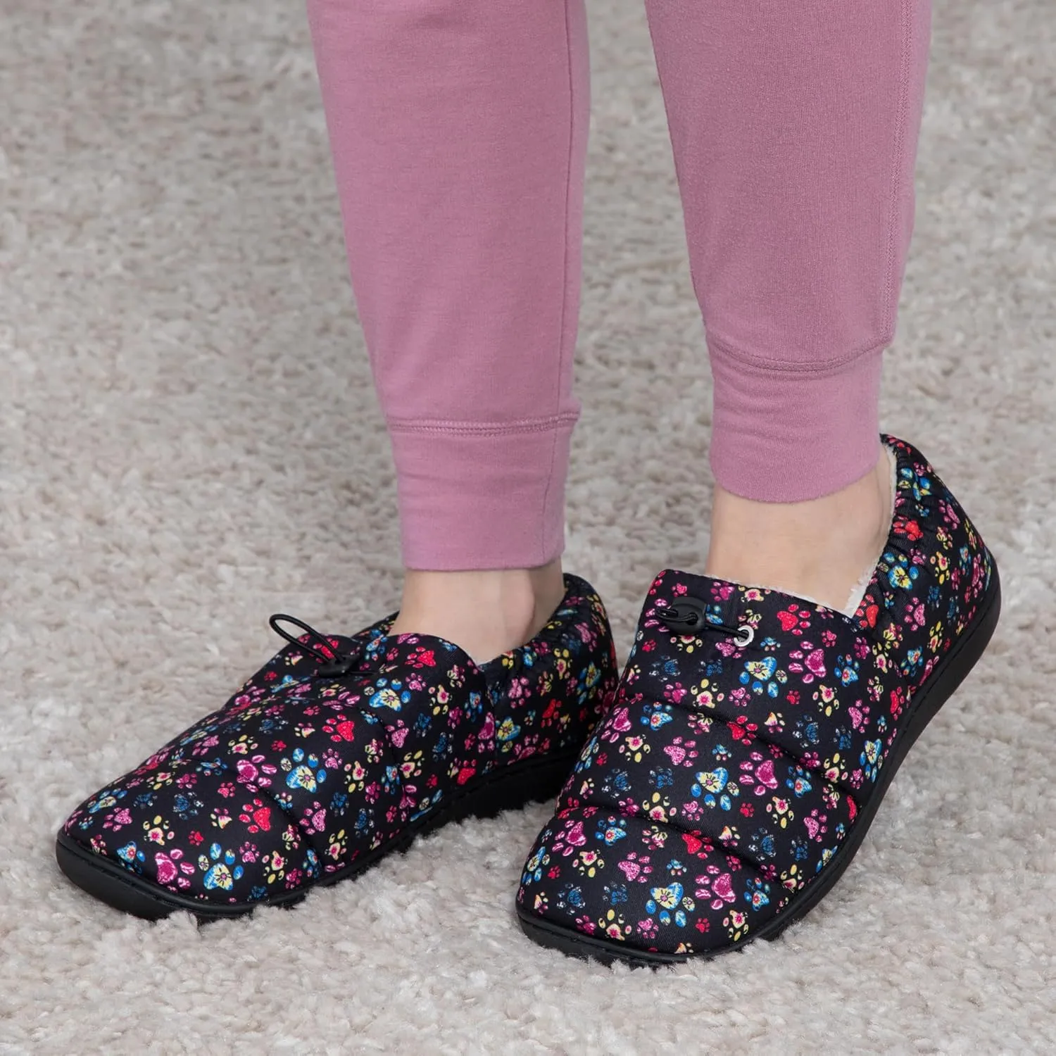 GreaterGood Paw Print Puffy Fleece-Lined Slippers with Toggle