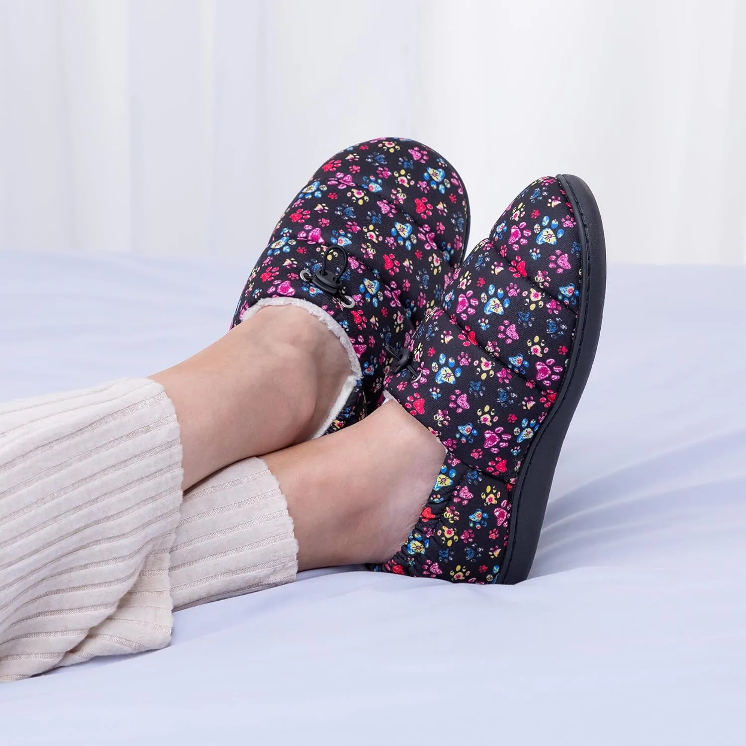 GreaterGood Paw Print Puffy Fleece-Lined Slippers with Toggle