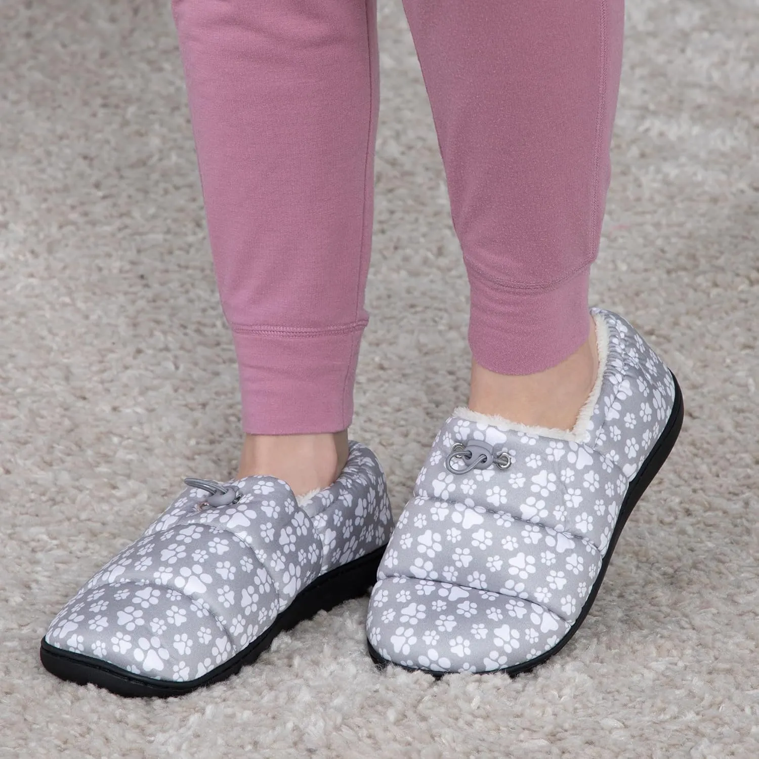 GreaterGood Paw Print Puffy Fleece-Lined Slippers with Toggle