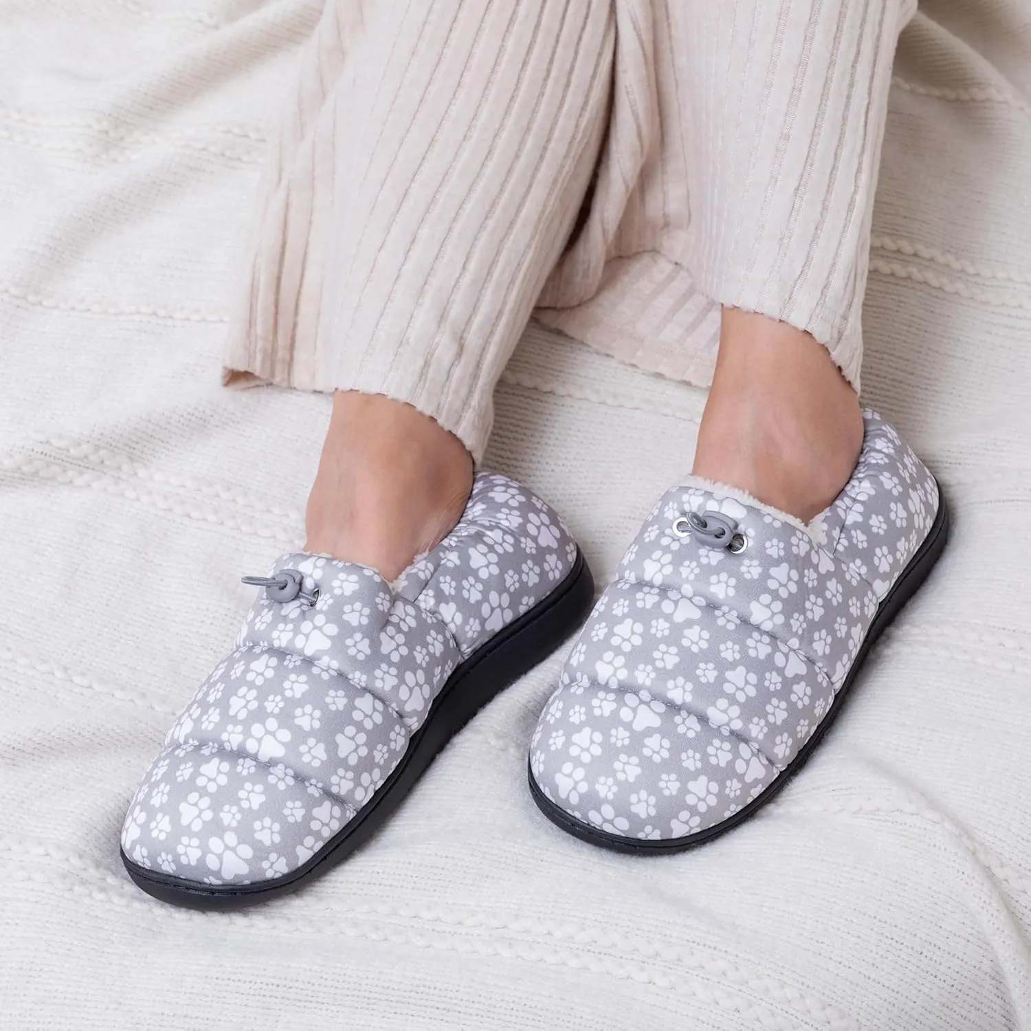 GreaterGood Paw Print Puffy Fleece-Lined Slippers with Toggle