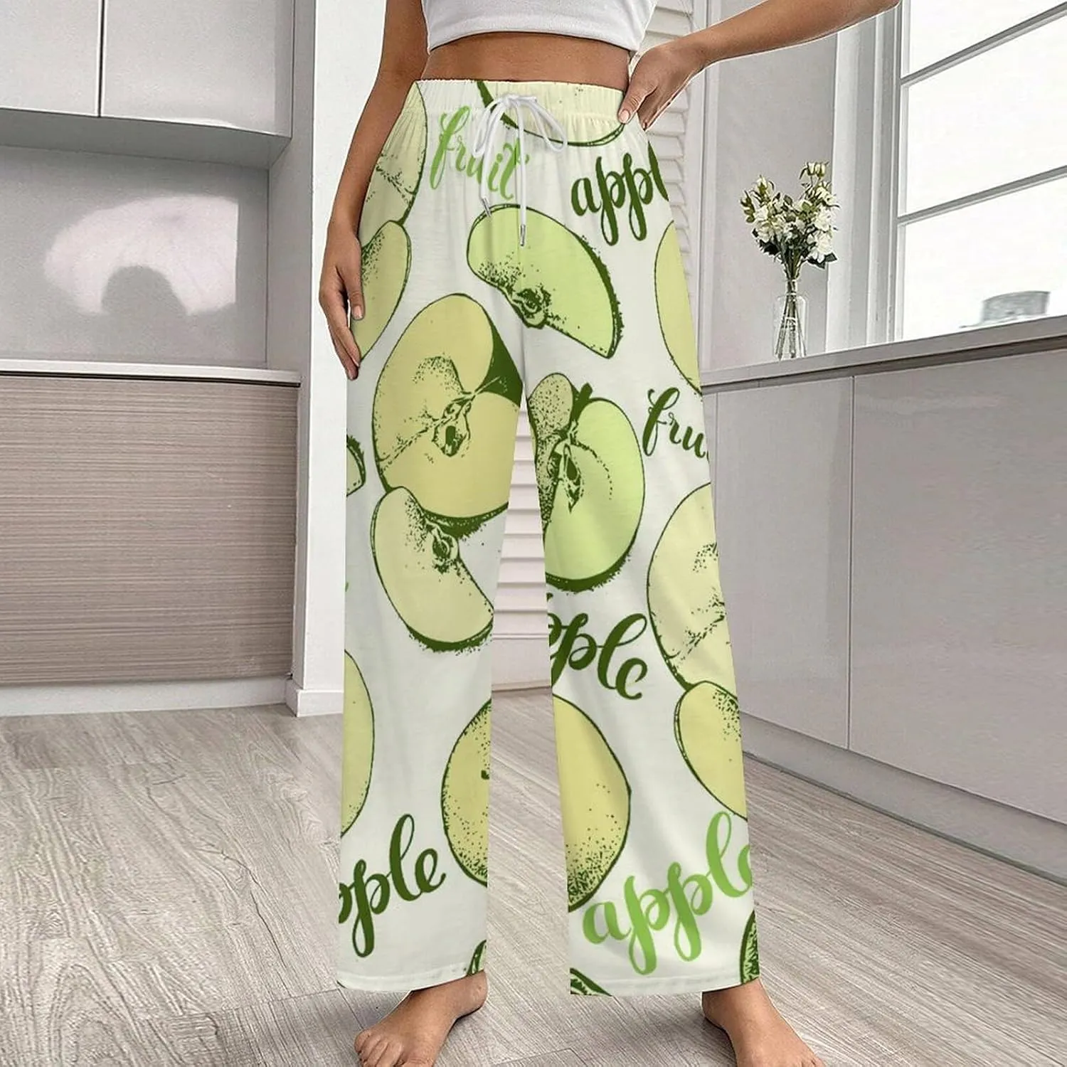 Green Apples Women Long Sleep Bottoms Loose Wide Legs Pants