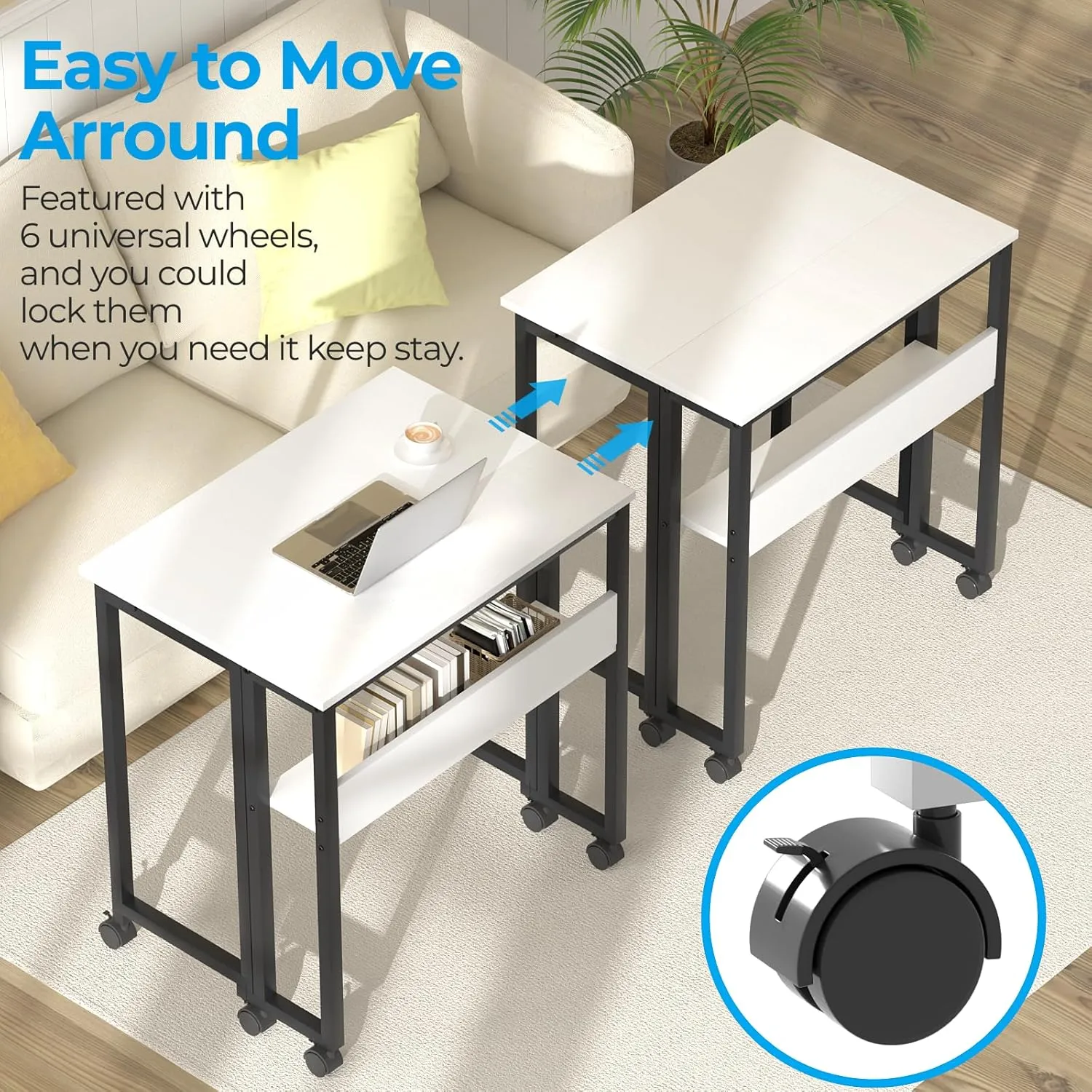 GreenForest Folding Desk Small Rolling Desk with Storage Shelf, 24.8 inch Foldable Computer Desk with Wheels for Small Space, Easy Assembly,White