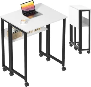 GreenForest Folding Desk Small Rolling Desk with Storage Shelf, 24.8 inch Foldable Computer Desk with Wheels for Small Space, Easy Assembly,White