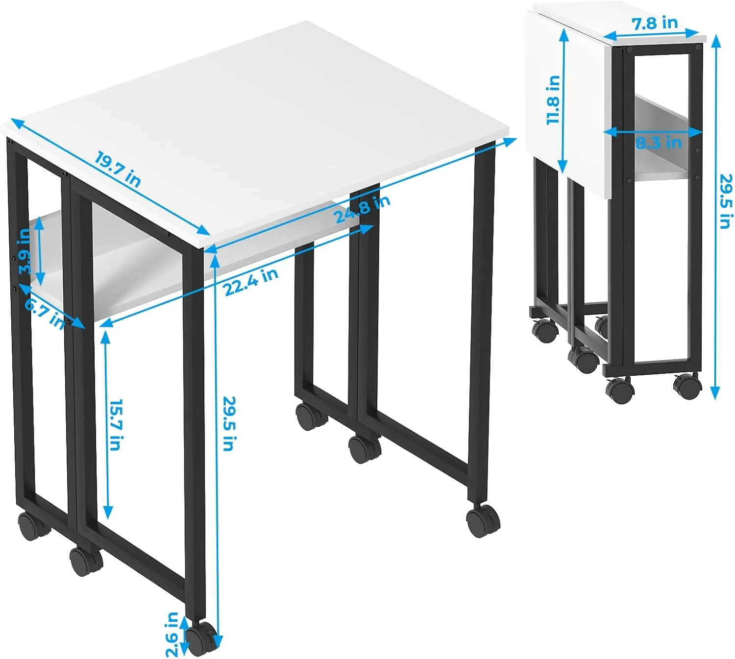 GreenForest Folding Desk Small Rolling Desk with Storage Shelf, 24.8 inch Foldable Computer Desk with Wheels for Small Space, Easy Assembly,White