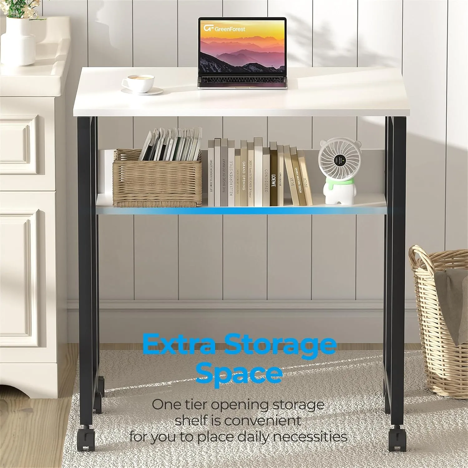 GreenForest Folding Desk Small Rolling Desk with Storage Shelf, 24.8 inch Foldable Computer Desk with Wheels for Small Space, Easy Assembly,White
