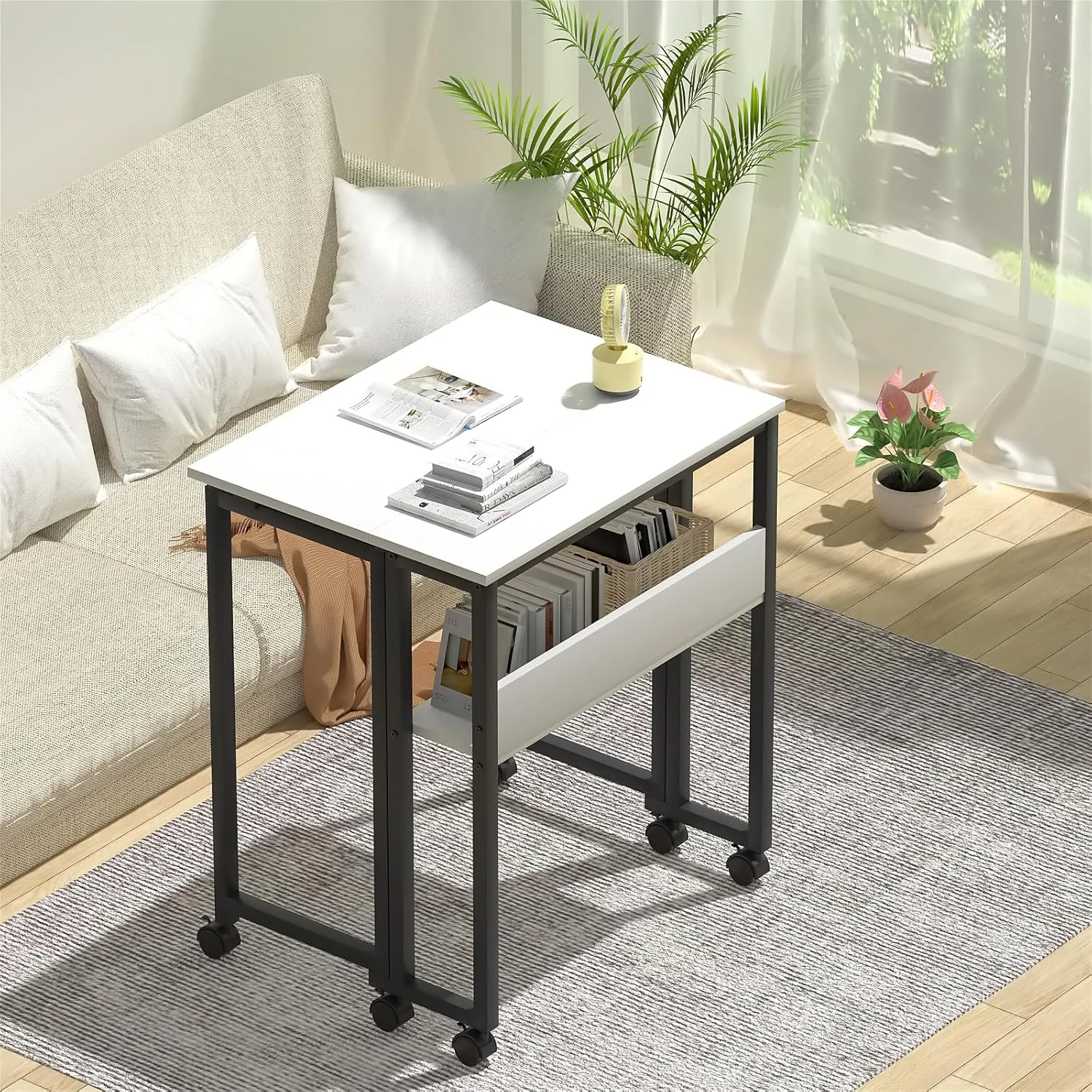 GreenForest Folding Desk Small Rolling Desk with Storage Shelf, 24.8 inch Foldable Computer Desk with Wheels for Small Space, Easy Assembly,White