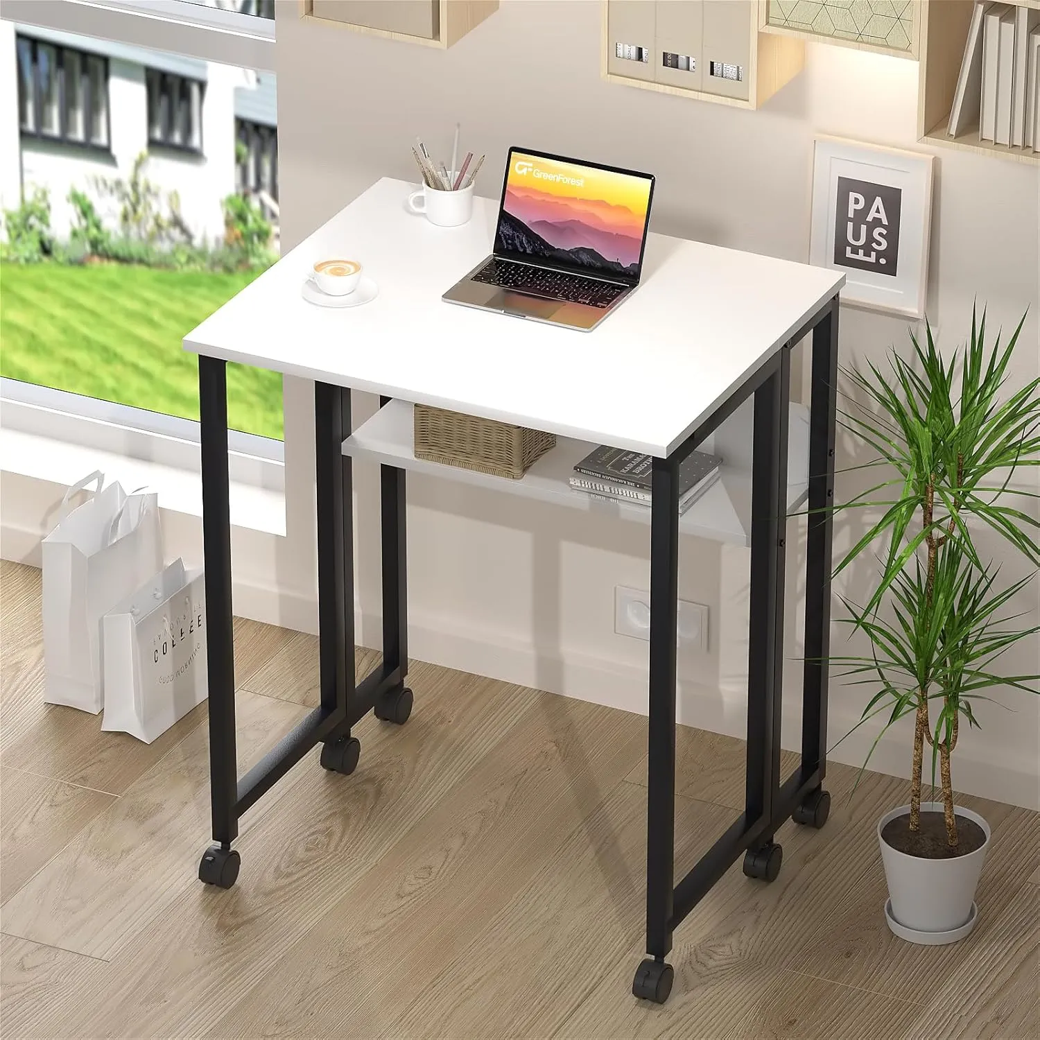 GreenForest Folding Desk Small Rolling Desk with Storage Shelf, 24.8 inch Foldable Computer Desk with Wheels for Small Space, Easy Assembly,White