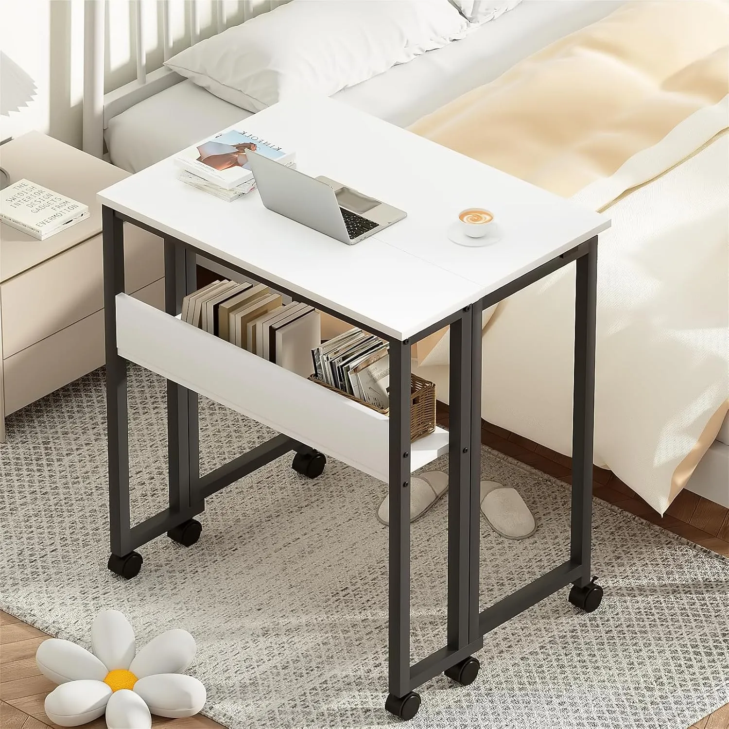 GreenForest Folding Desk Small Rolling Desk with Storage Shelf, 24.8 inch Foldable Computer Desk with Wheels for Small Space, Easy Assembly,White