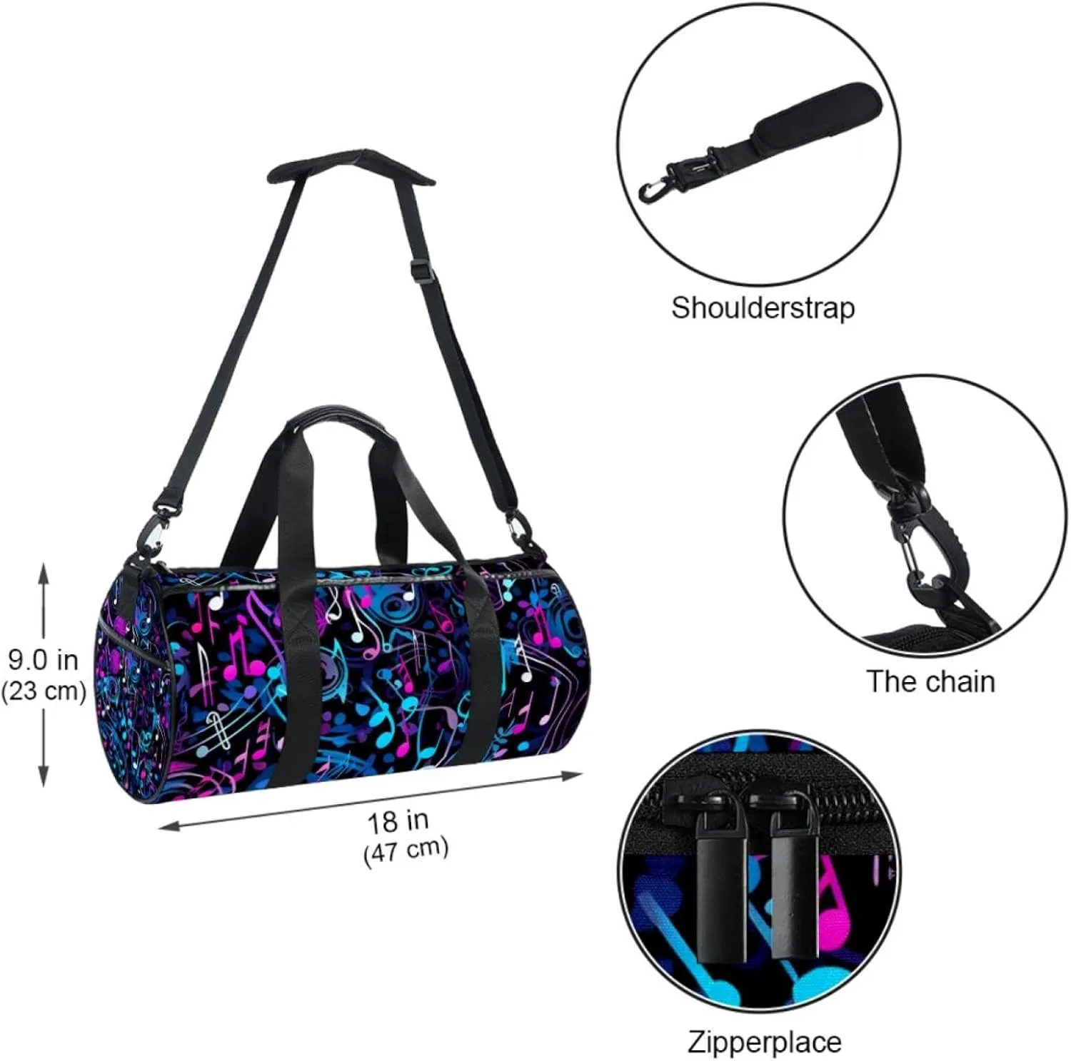Gym Bag for Women,Small Gym Bag for Men,Colorful Musical Background Notes,Overnight Bag