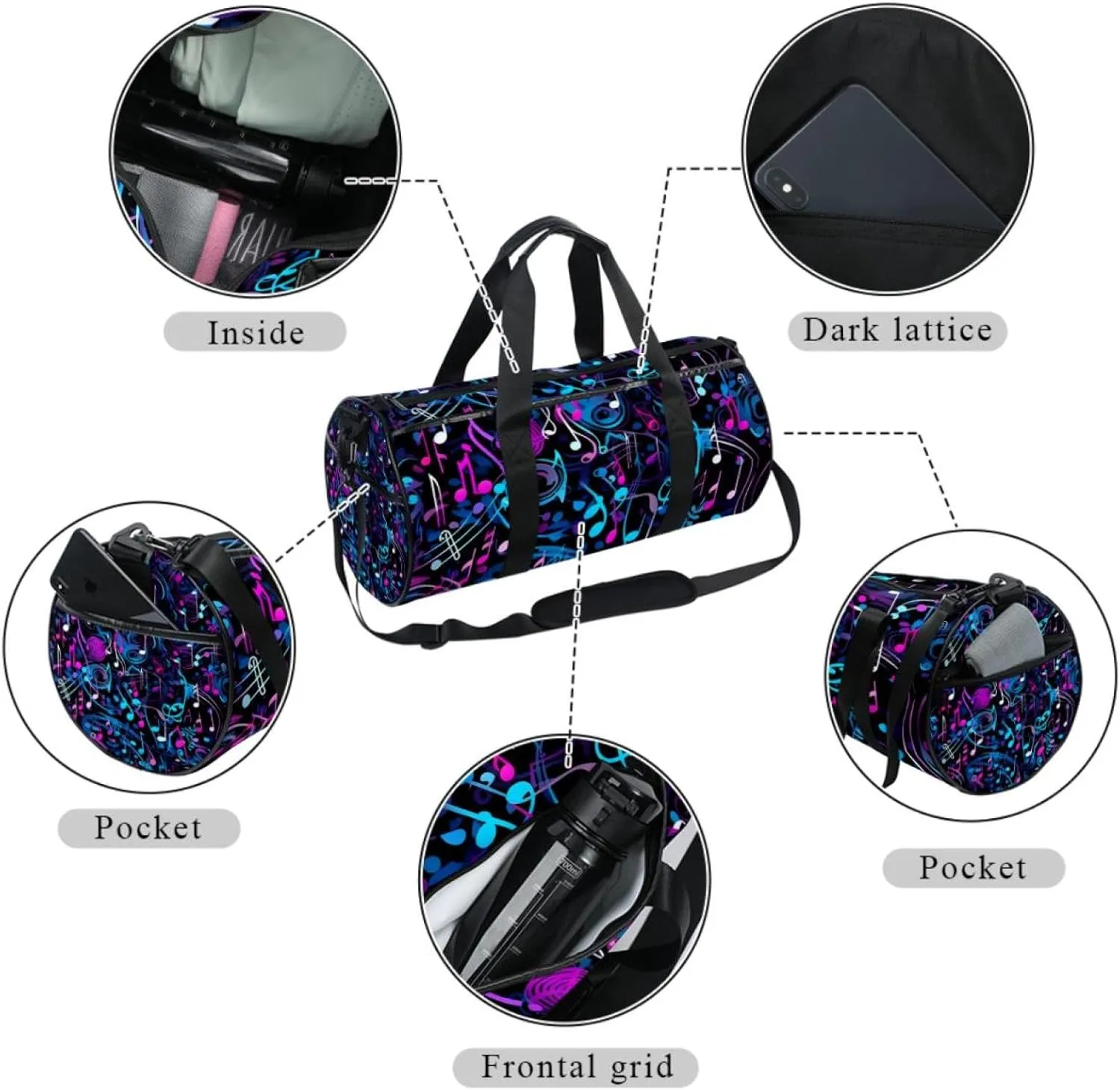 Gym Bag for Women,Small Gym Bag for Men,Colorful Musical Background Notes,Overnight Bag