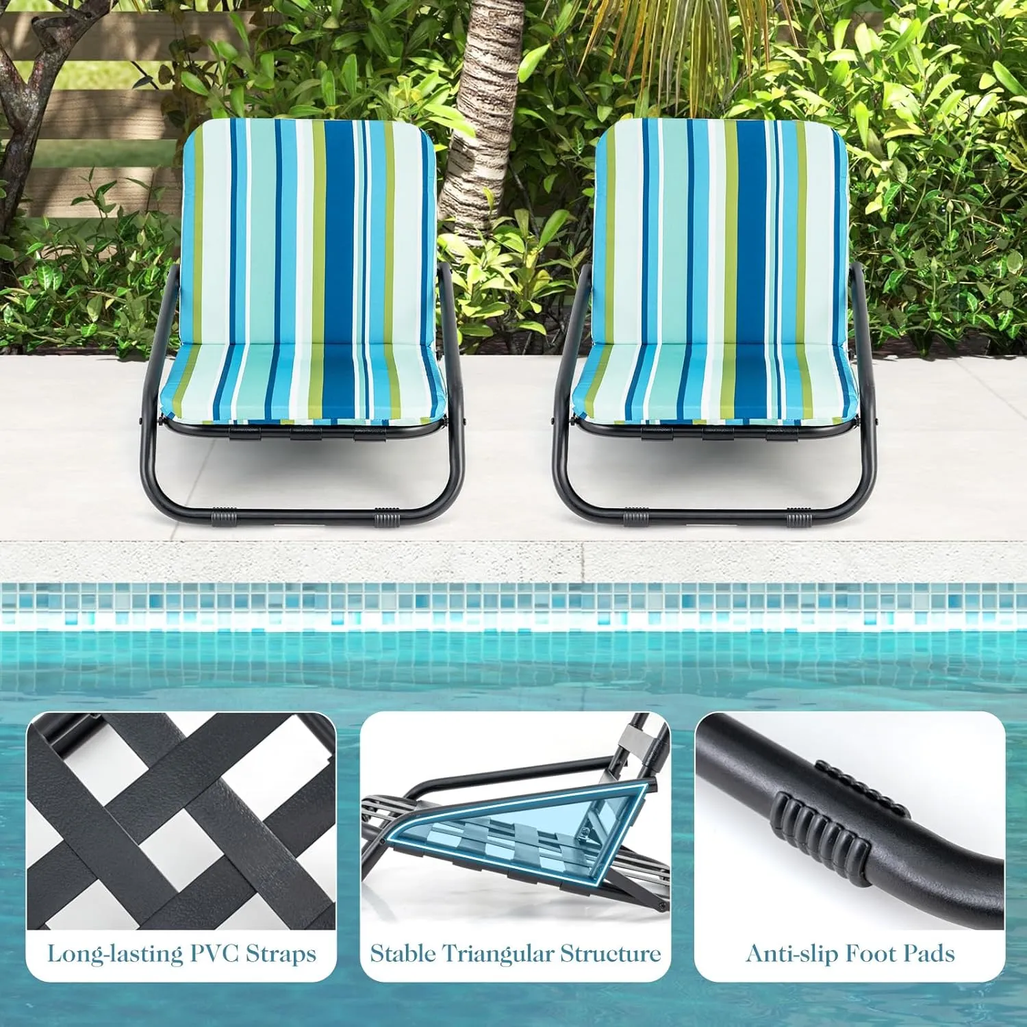 GYMAX Beach Chair, 2 Pack 300LBS Low Beach Chair with Shoulder Strap, Removable Cushion & Aluminum Frame, Folding Reclining Beach Chair, Heavy Duty Portable Beach Chair for Adults (2, Blue Stripe)