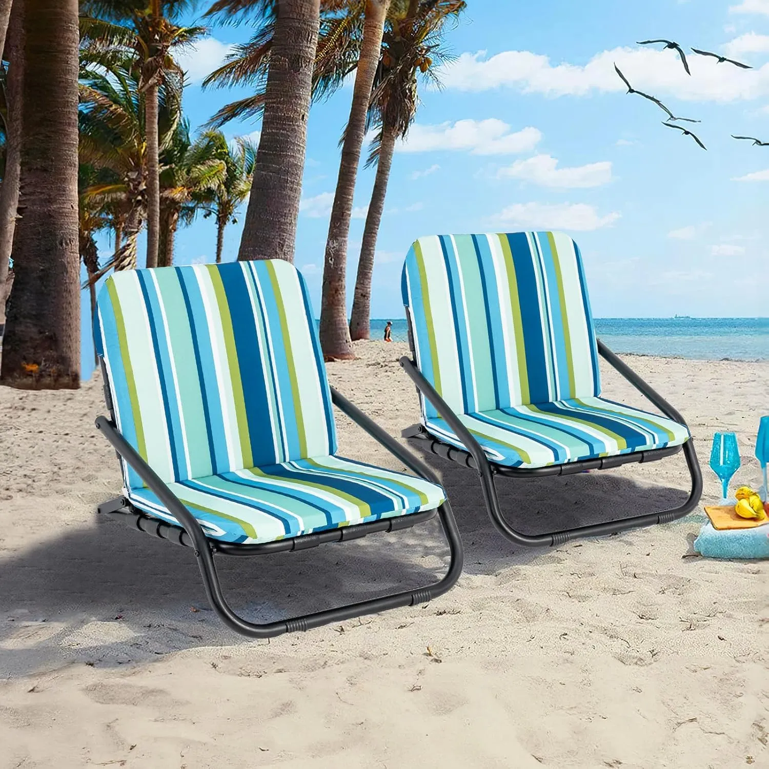 GYMAX Beach Chair, 2 Pack 300LBS Low Beach Chair with Shoulder Strap, Removable Cushion & Aluminum Frame, Folding Reclining Beach Chair, Heavy Duty Portable Beach Chair for Adults (2, Blue Stripe)