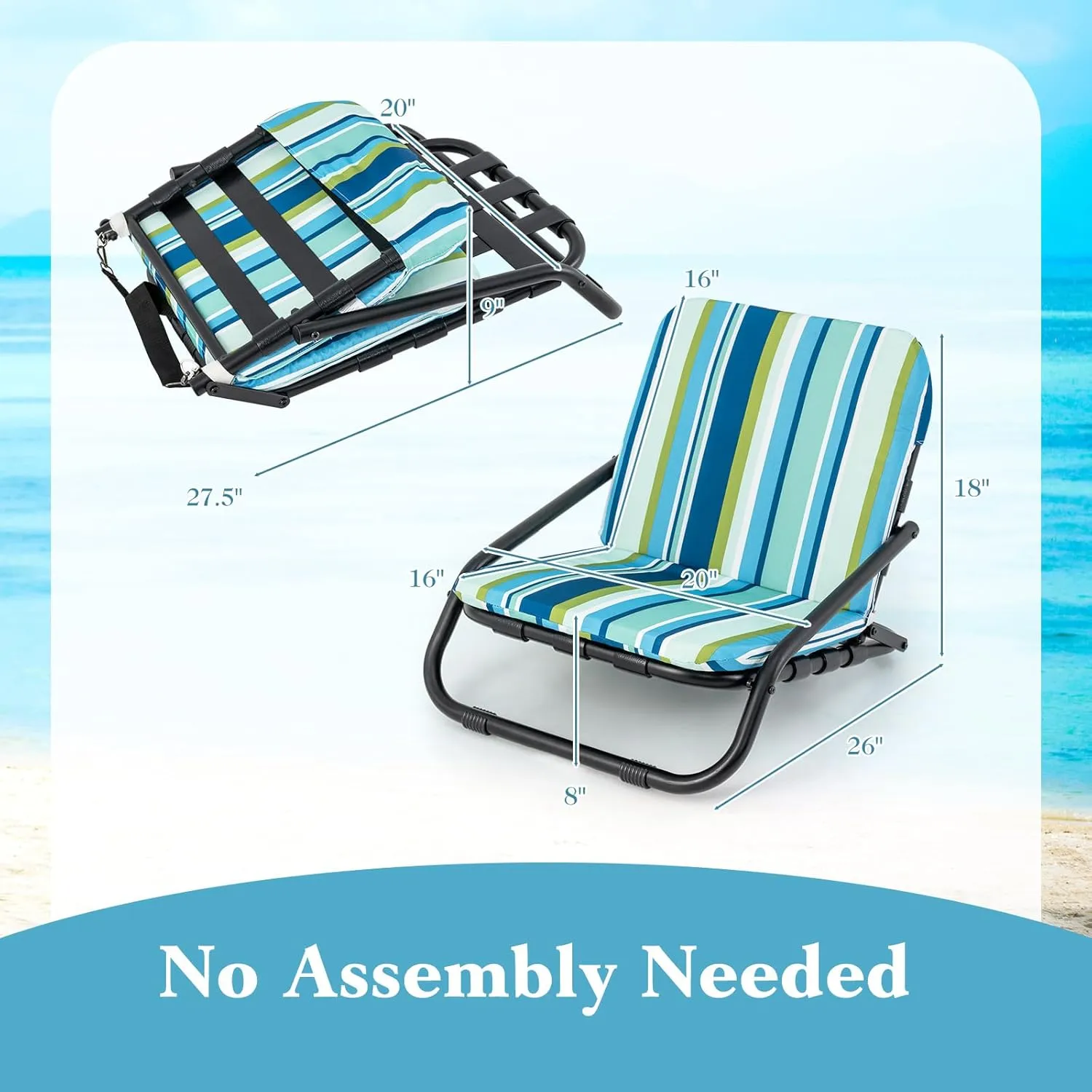 GYMAX Beach Chair, 2 Pack 300LBS Low Beach Chair with Shoulder Strap, Removable Cushion & Aluminum Frame, Folding Reclining Beach Chair, Heavy Duty Portable Beach Chair for Adults (2, Blue Stripe)