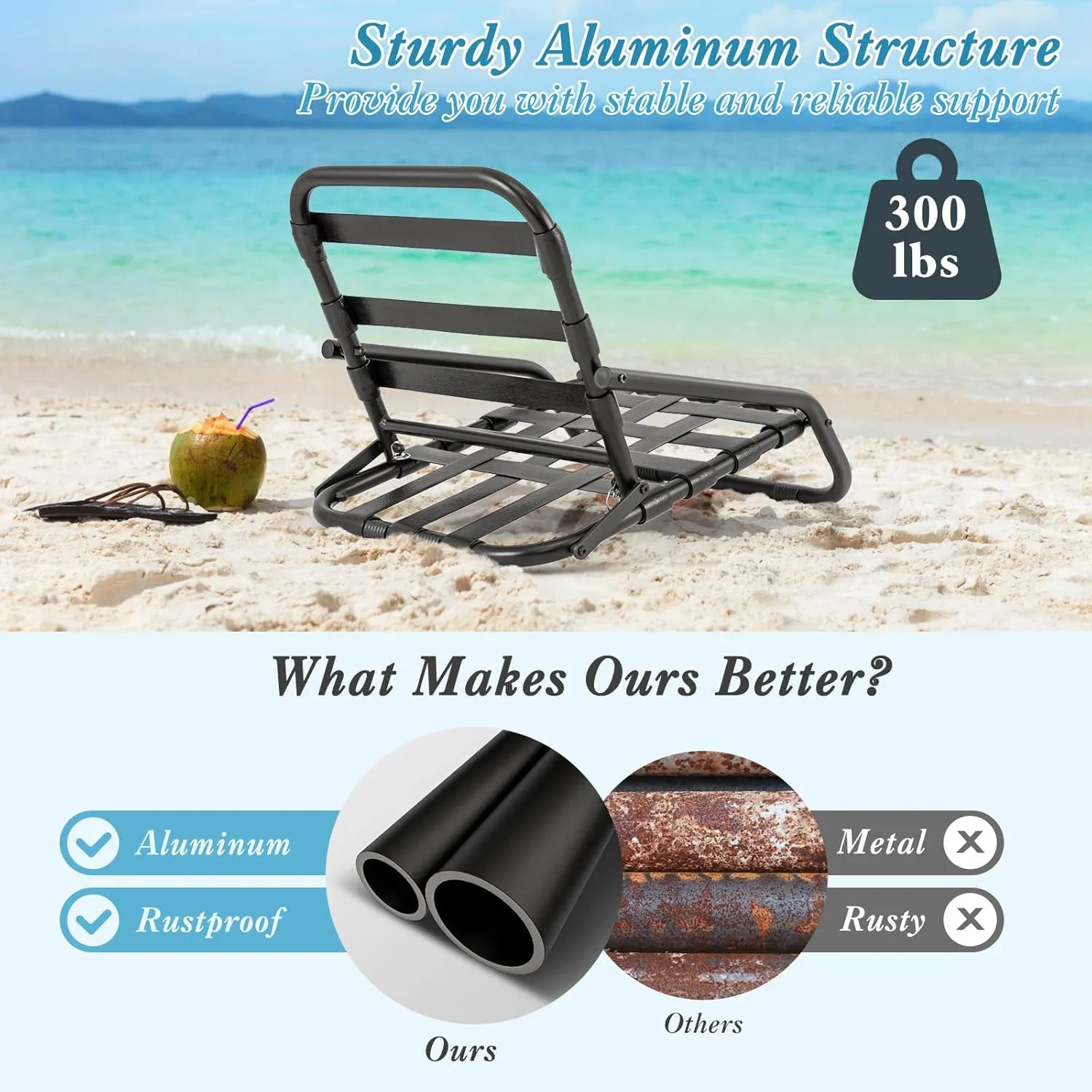 GYMAX Beach Chair, 2 Pack 300LBS Low Beach Chair with Shoulder Strap, Removable Cushion & Aluminum Frame, Folding Reclining Beach Chair, Heavy Duty Portable Beach Chair for Adults (2, Blue Stripe)