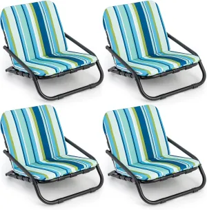 GYMAX Beach Chair, 2 Pack 300LBS Low Beach Chair with Shoulder Strap, Removable Cushion & Aluminum Frame, Folding Reclining Beach Chair, Heavy Duty Portable Beach Chair for Adults (2, Blue Stripe)