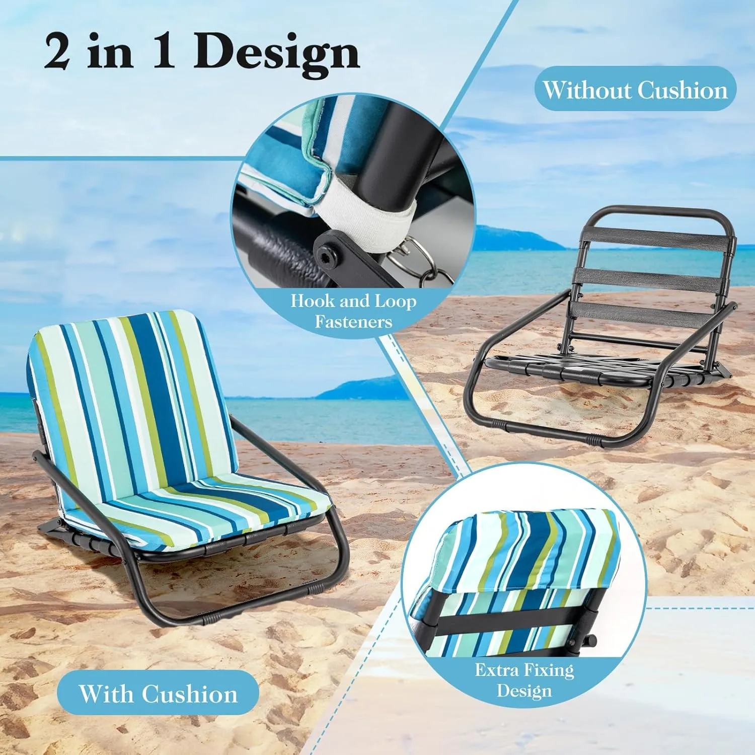 GYMAX Beach Chair, 2 Pack 300LBS Low Beach Chair with Shoulder Strap, Removable Cushion & Aluminum Frame, Folding Reclining Beach Chair, Heavy Duty Portable Beach Chair for Adults (2, Blue Stripe)