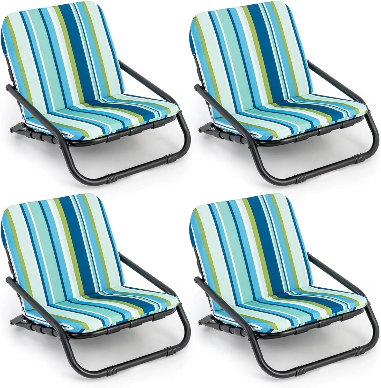 GYMAX Beach Chair, 2 Pack 300LBS Low Beach Chair with Shoulder Strap, Removable Cushion & Aluminum Frame, Folding Reclining Beach Chair, Heavy Duty Portable Beach Chair for Adults (2, Blue Stripe)