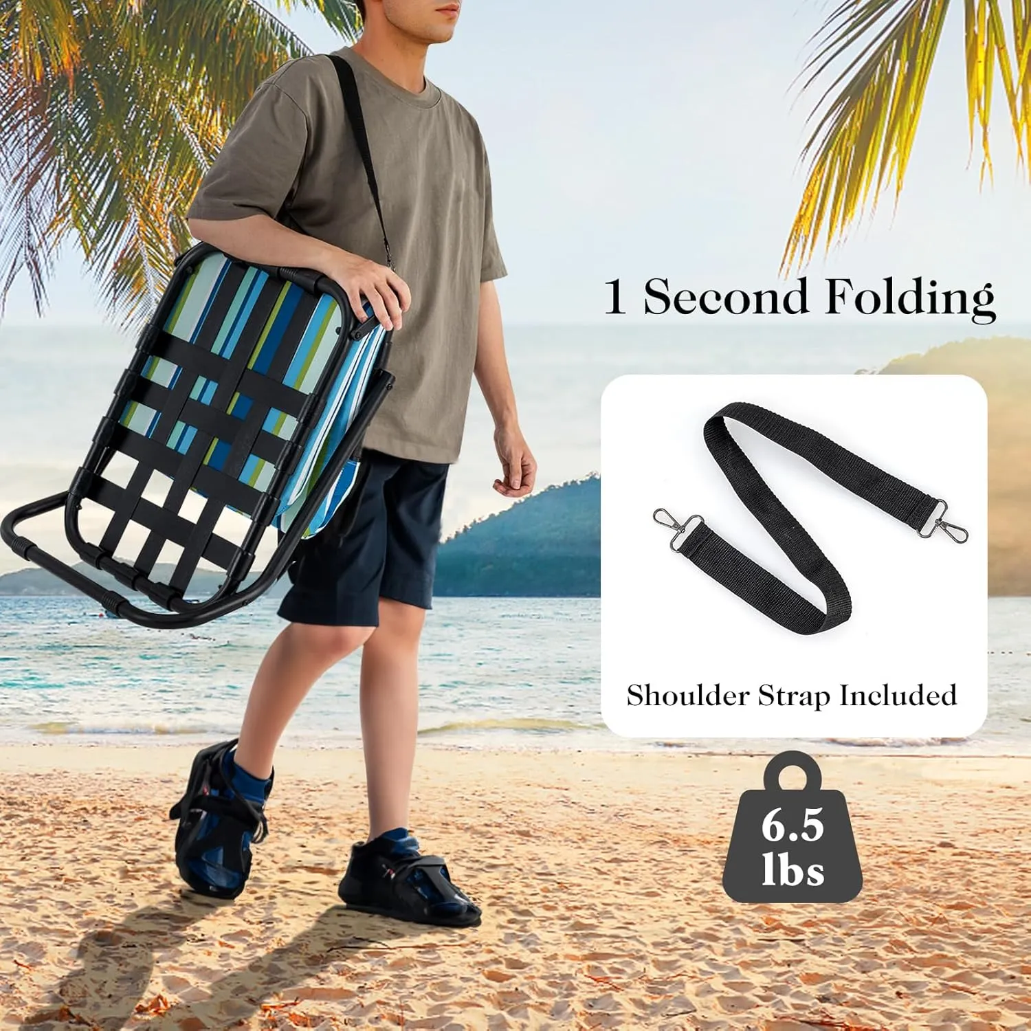 GYMAX Beach Chair, 2 Pack 300LBS Low Beach Chair with Shoulder Strap, Removable Cushion & Aluminum Frame, Folding Reclining Beach Chair, Heavy Duty Portable Beach Chair for Adults (2, Blue Stripe)