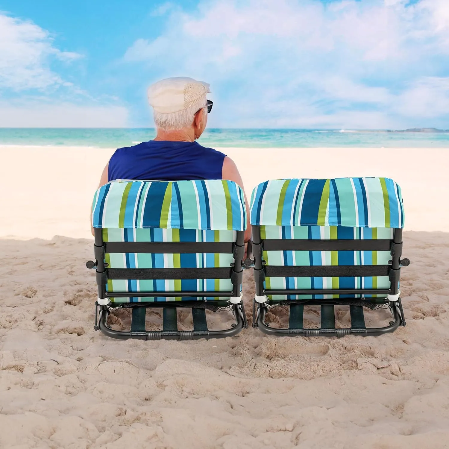 GYMAX Beach Chair, 2 Pack 300LBS Low Beach Chair with Shoulder Strap, Removable Cushion & Aluminum Frame, Folding Reclining Beach Chair, Heavy Duty Portable Beach Chair for Adults (2, Blue Stripe)