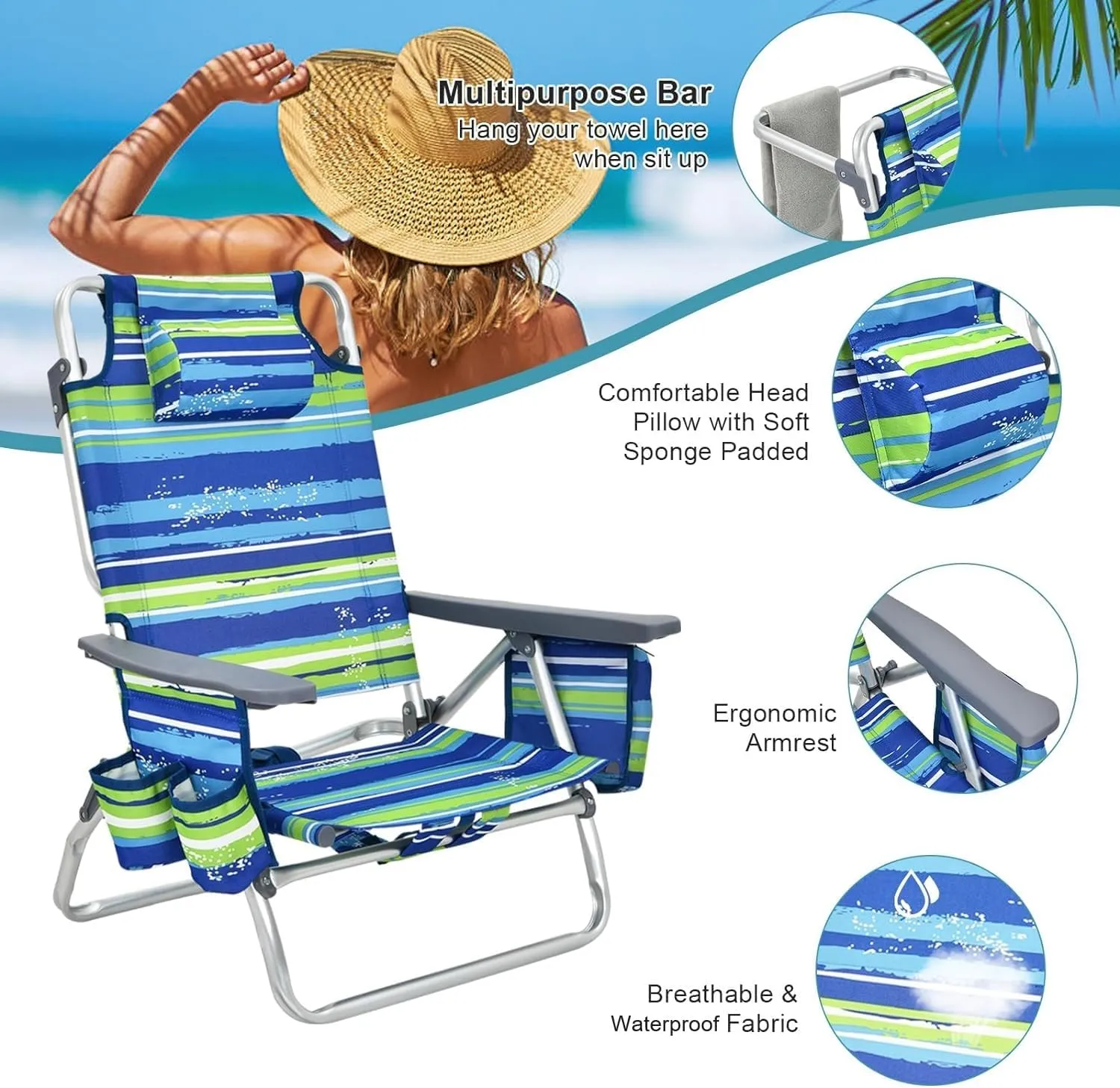 GYMAX Beach Chairs, 2-Pack Backpack Camping Chair w/Armrest, Cooler Bag, Cup Holder, Towel Bar & Pockets, Sunbath Sling Tanning Lounge, Folding Layout Chairs (Blue Strip, Without Table)