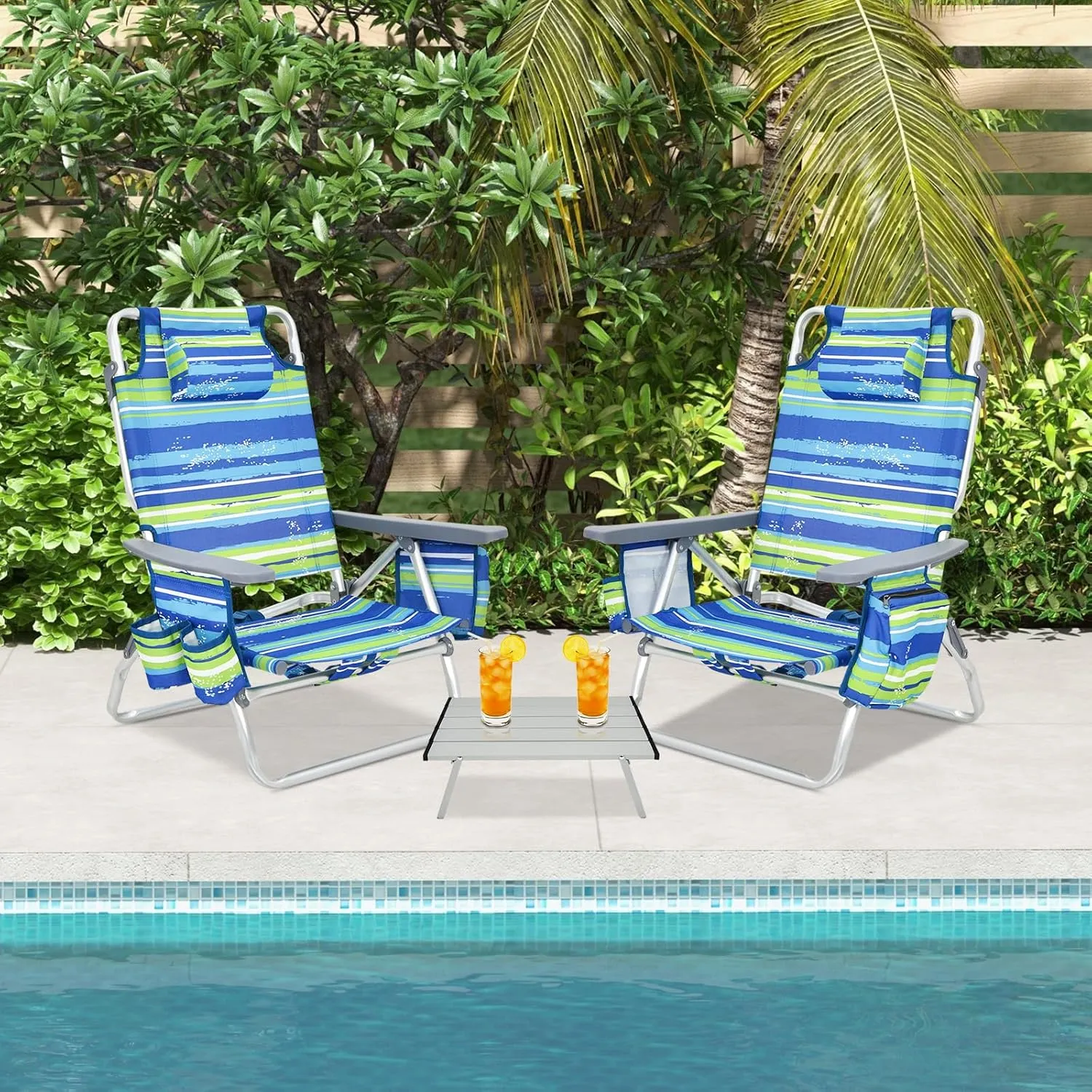 GYMAX Beach Chairs, 2-Pack Backpack Camping Chair w/Armrest, Cooler Bag, Cup Holder, Towel Bar & Pockets, Sunbath Sling Tanning Lounge, Folding Layout Chairs (Blue Strip, Without Table)