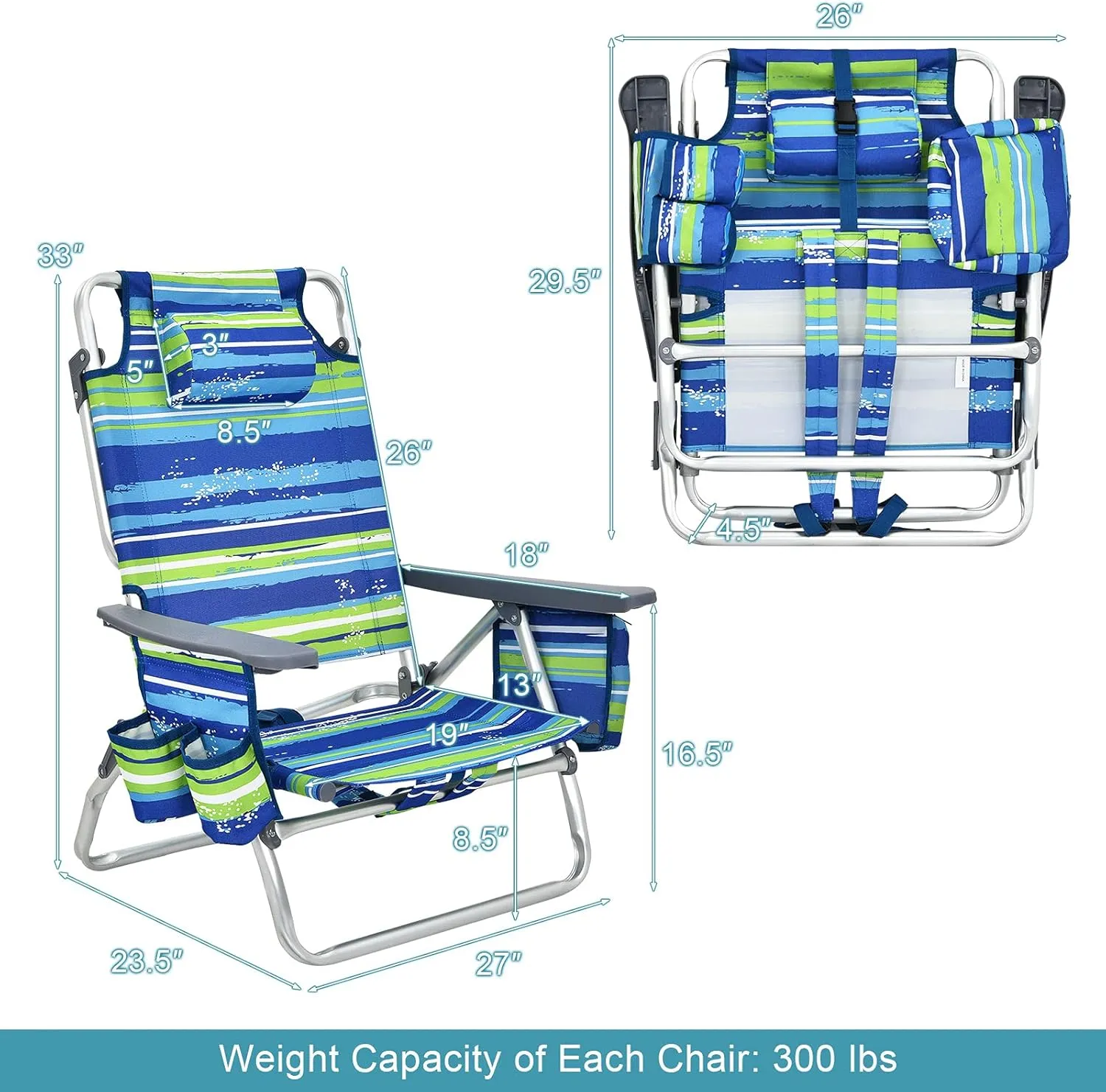 GYMAX Beach Chairs, 2-Pack Backpack Camping Chair w/Armrest, Cooler Bag, Cup Holder, Towel Bar & Pockets, Sunbath Sling Tanning Lounge, Folding Layout Chairs (Blue Strip, Without Table)