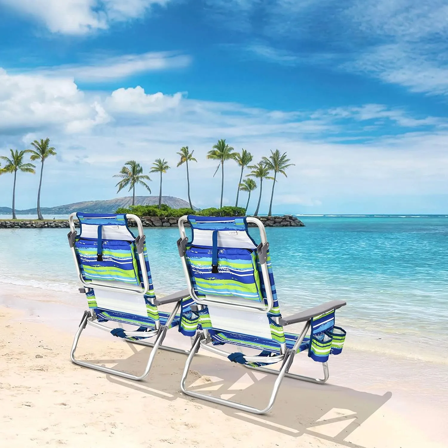 GYMAX Beach Chairs, 2-Pack Backpack Camping Chair w/Armrest, Cooler Bag, Cup Holder, Towel Bar & Pockets, Sunbath Sling Tanning Lounge, Folding Layout Chairs (Blue Strip, Without Table)