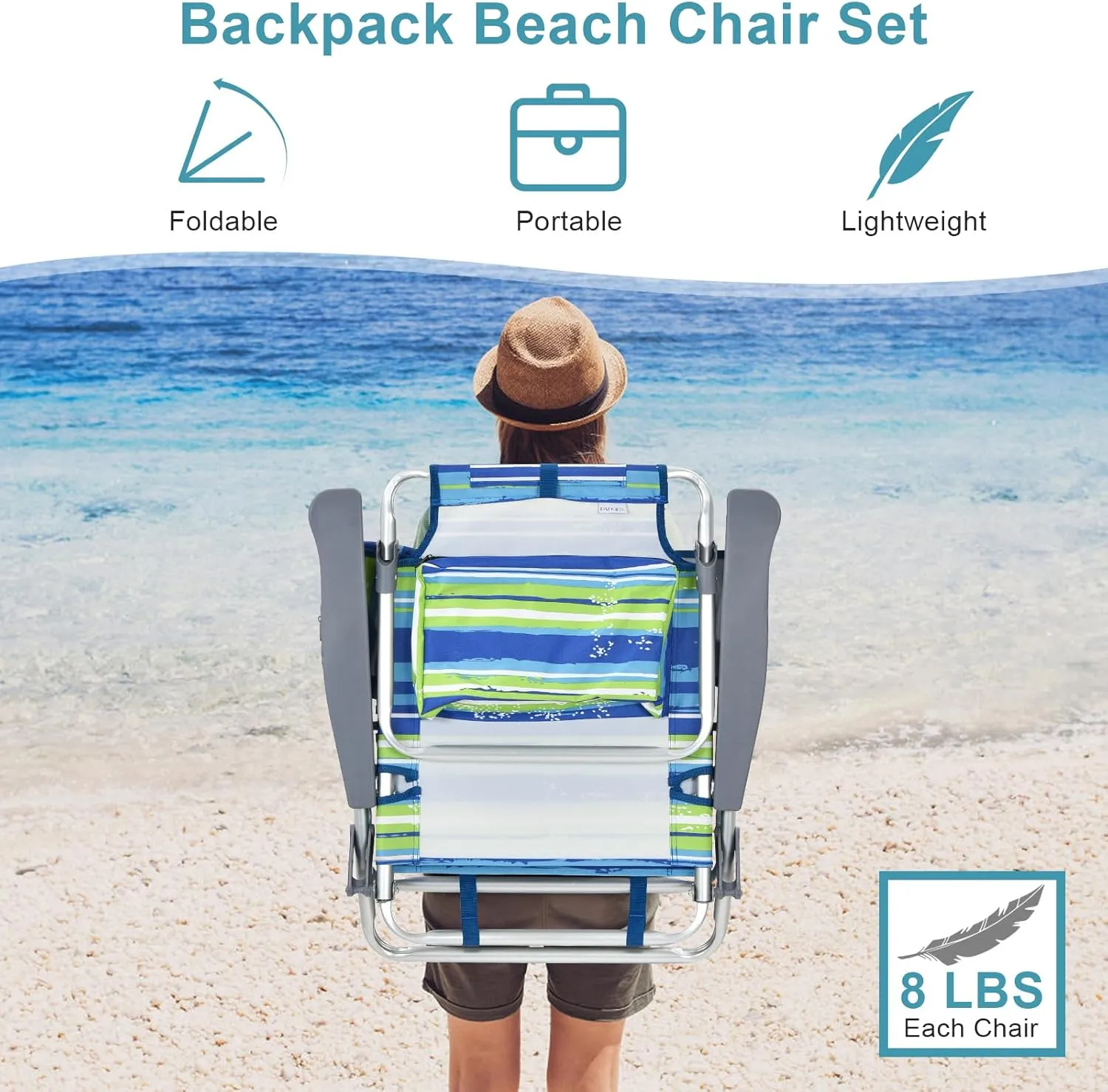 GYMAX Beach Chairs, 2-Pack Backpack Camping Chair w/Armrest, Cooler Bag, Cup Holder, Towel Bar & Pockets, Sunbath Sling Tanning Lounge, Folding Layout Chairs (Blue Strip, Without Table)