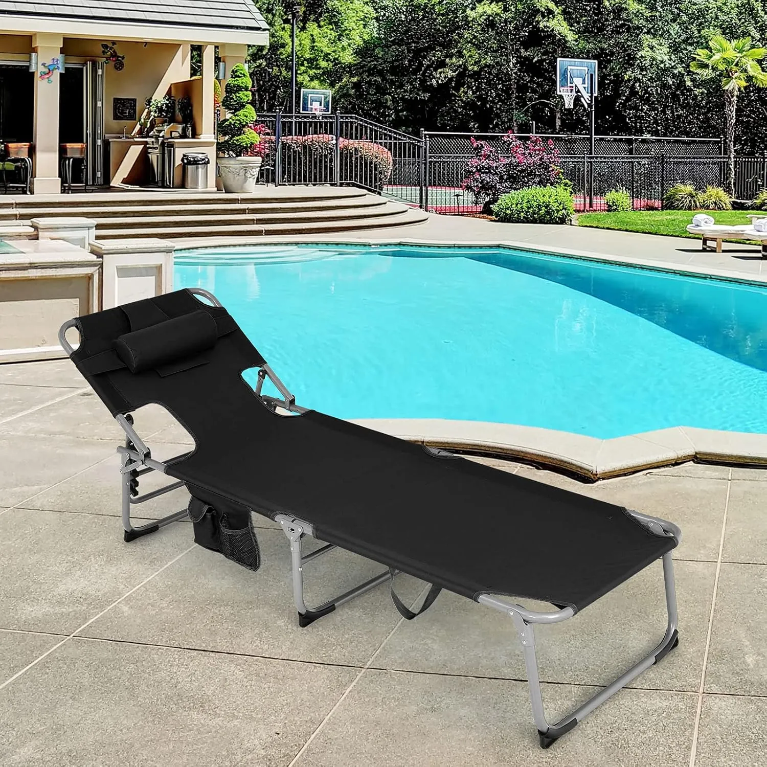 GYMAX Tanning Chair, Folding Beach Lounger with Face Arm Hole, Adjustable Backrest, Side Pocket, Pillow & Carry Handle, Outside Sunbathing Lounge Chair for Patio, Poolside, Lawn (1, Black)
