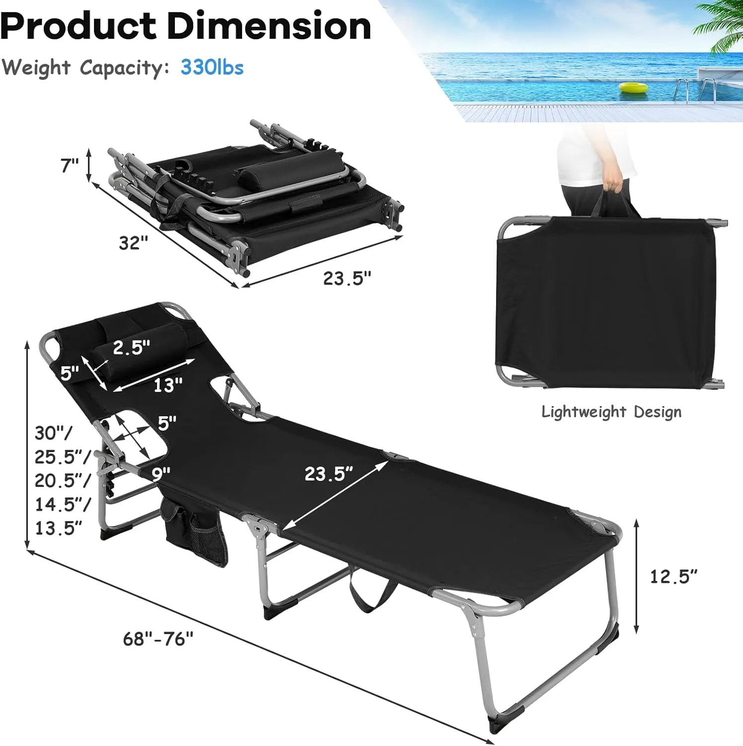 GYMAX Tanning Chair, Folding Beach Lounger with Face Arm Hole, Adjustable Backrest, Side Pocket, Pillow & Carry Handle, Outside Sunbathing Lounge Chair for Patio, Poolside, Lawn (1, Black)