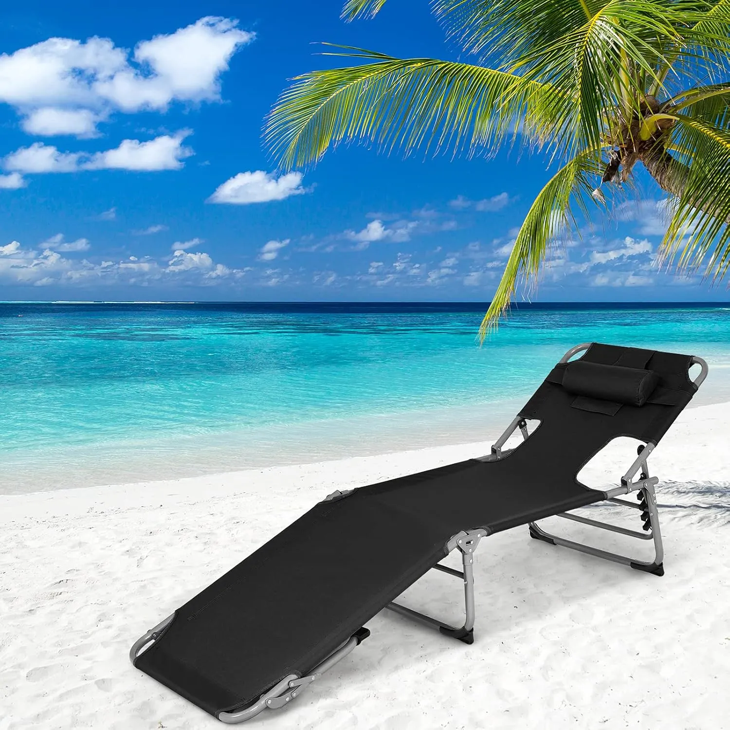 GYMAX Tanning Chair, Folding Beach Lounger with Face Arm Hole, Adjustable Backrest, Side Pocket, Pillow & Carry Handle, Outside Sunbathing Lounge Chair for Patio, Poolside, Lawn (1, Black)