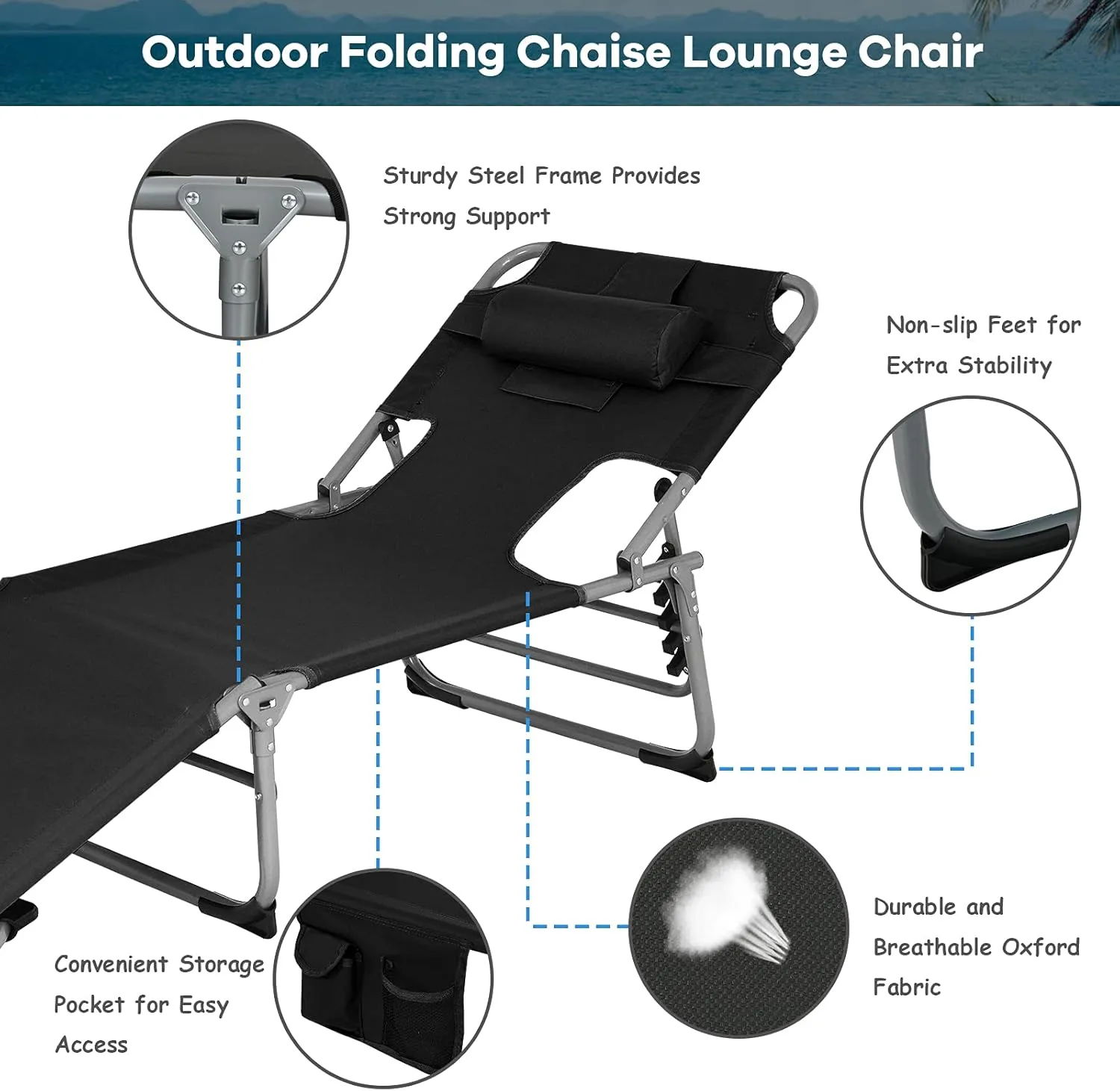 GYMAX Tanning Chair, Folding Beach Lounger with Face Arm Hole, Adjustable Backrest, Side Pocket, Pillow & Carry Handle, Outside Sunbathing Lounge Chair for Patio, Poolside, Lawn (1, Black)
